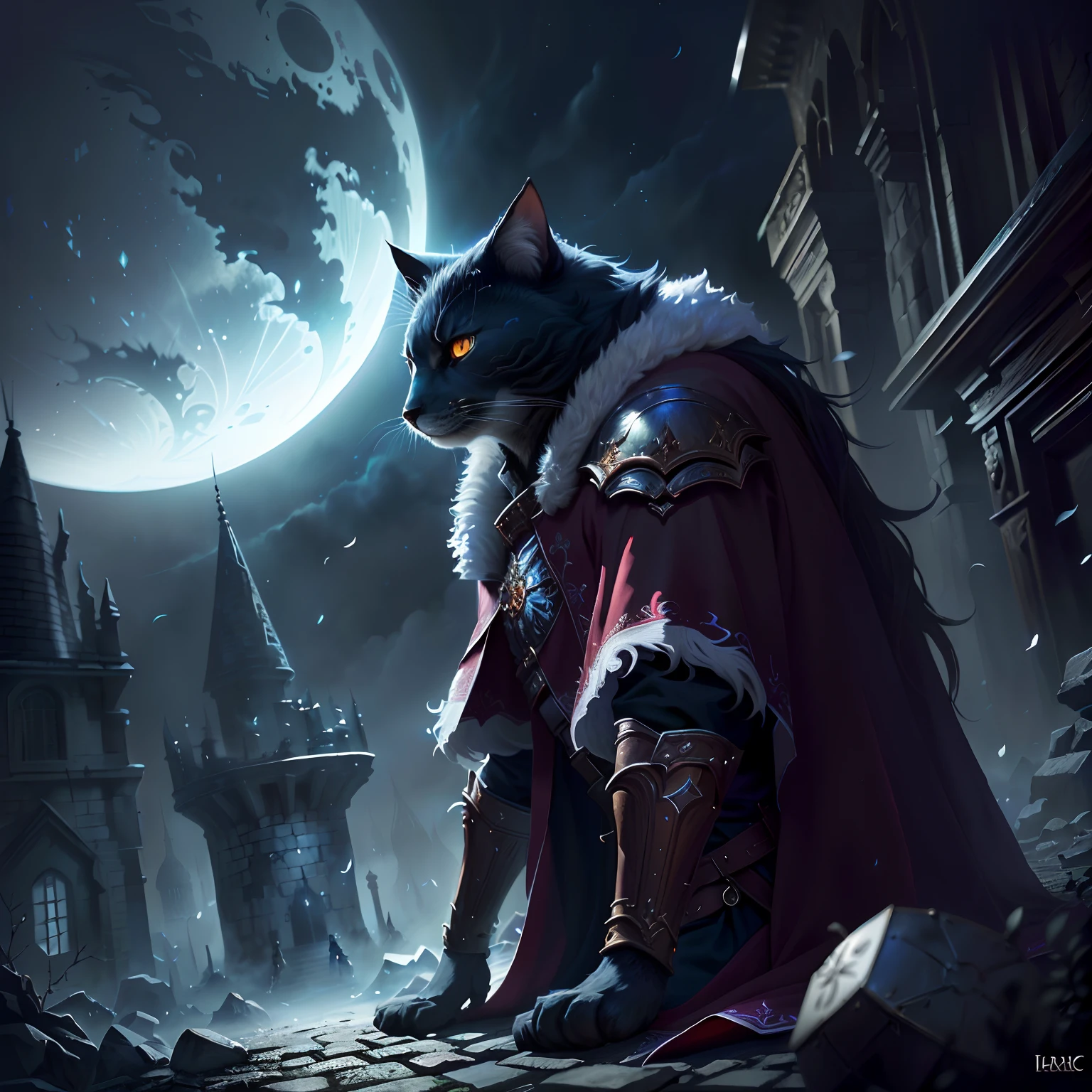 imagem arafed de um gato vestido com uma roupa medieval, arte de estilo fantasia escura, arte de fantasia peluda, Arte do Jogo de Cartas de Fantasia, O Deus das Trevas dos Gatos, arte de fantasia digital 2d detalhada, epic fantasy art, Epic fantasy art style, no estilo da arte da fantasia sombria, arte de fantasia de alta qualidade, arte estilo fantasia, Epic Fantasy Digital Art Style
