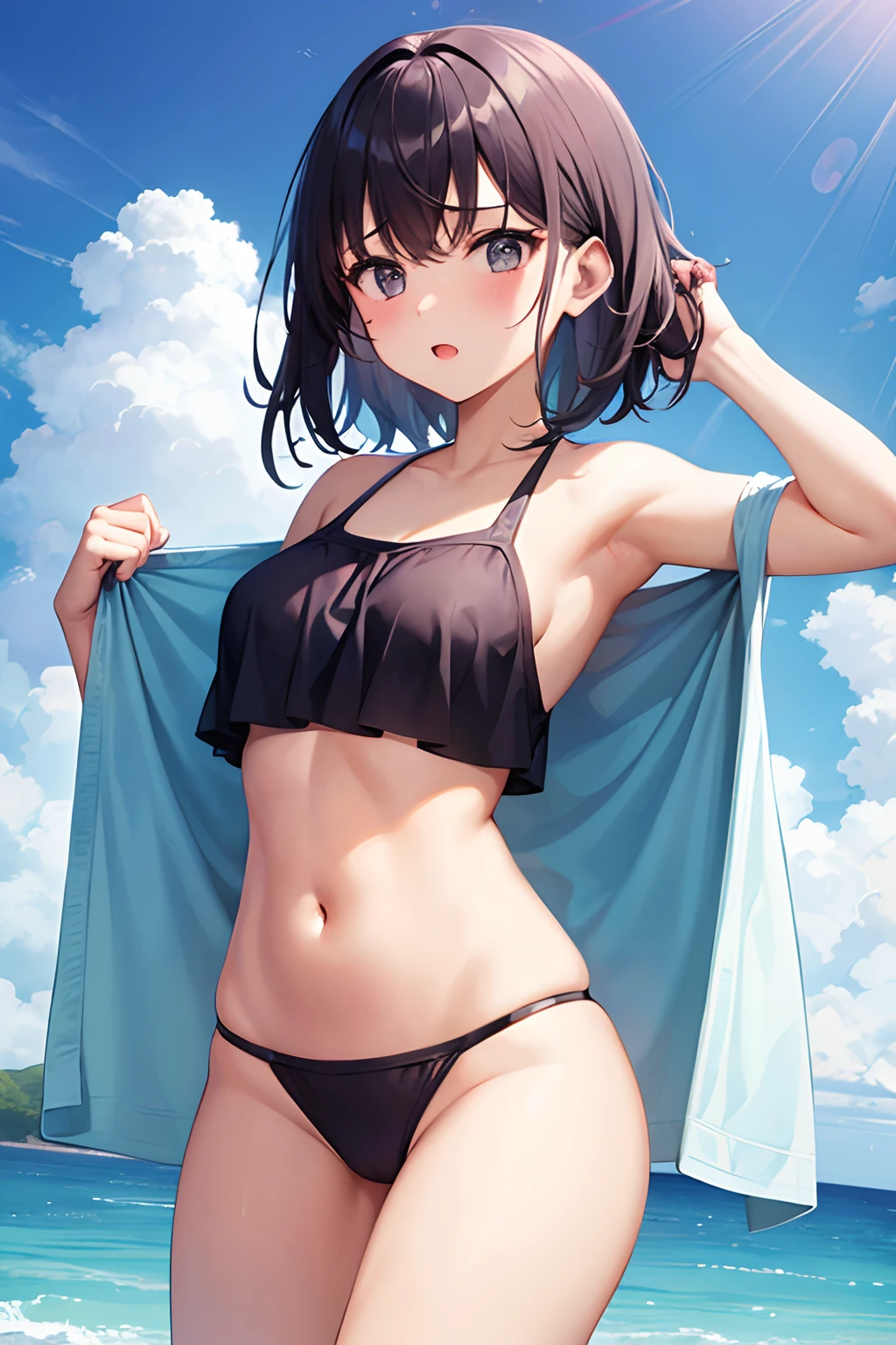 1girls, is wearing a swimsuit, Wears a towel around her stomach