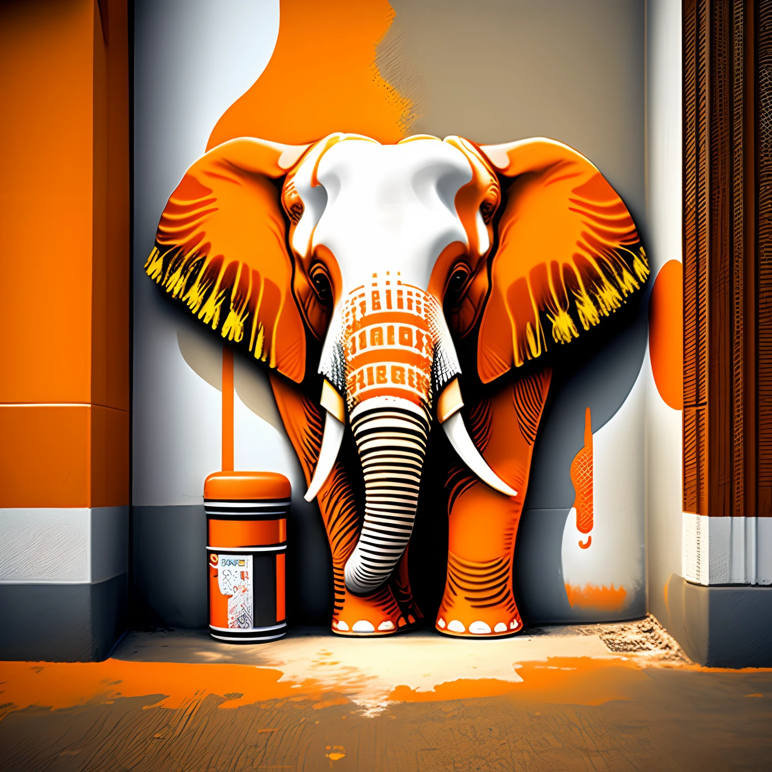 Elephant brush style surrounded by colorful paint "orange et blanc " , Style en couches, fond orange blanc. Street Art, Detailed, jour, Impression T-shirt