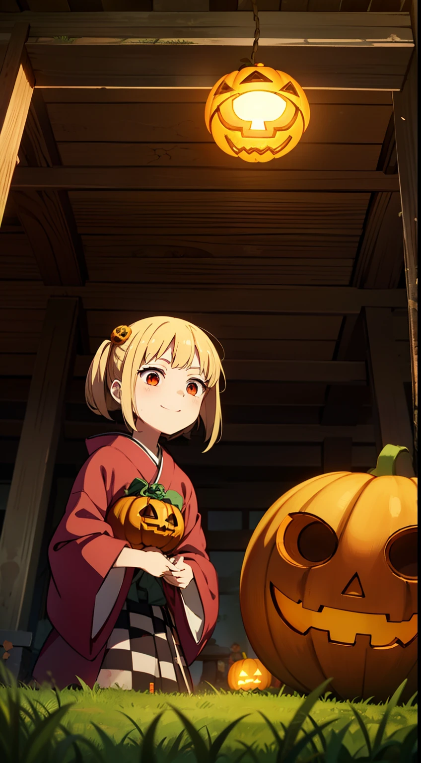 A checkered doll smiling fearlessly and holding a jack-o-lantern in front of a temple that looks like a crumbling ruin, an checkered doll eerily illuminated from below by the light of a jack-o-lantern, the temple grounds. Skulls lit with Japanese candles are scattered on the temple floor, and the square in front of the temple has not been maintained and is overgrown with grass.