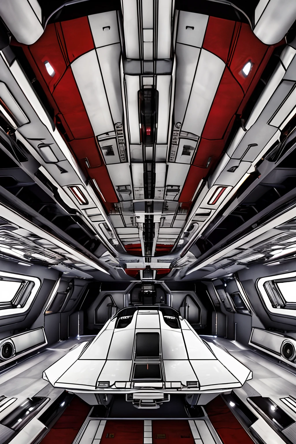A closeup of a fighter jet with black and white and red stripes, Escuro ( spaceship ), nave estelar futurista, Projeto de naves espaciais, nave espacial scifi, spaceship, alien starship, nave espacial, nave espacial futurista, legendary space ship, hyperspace creature, nave espacial detalhada, Grande nave espacial estranha, planos ascendentes, symmetric!! scientific fiction, Drone Reaver, (matte lighting),(ambiente desfocado),(spaceshooter 2 d), (perfil), (without illumination :1.5) , (estilo revista em quadrinhos :1.2),(manga :1.3)