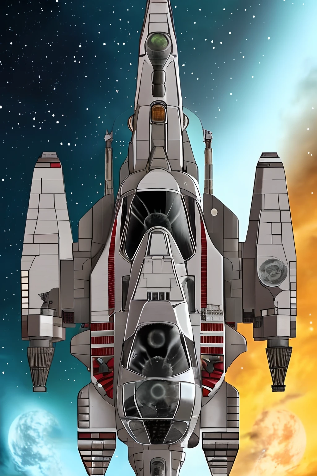 A closeup of a fighter jet with black and white and red stripes, Escuro ( spaceship ), nave estelar futurista, Projeto de naves espaciais, nave espacial scifi, spaceship, alien starship, nave espacial, nave espacial futurista, legendary space ship, hyperspace creature, nave espacial detalhada, Grande nave espacial estranha, planos ascendentes, symmetric!! scientific fiction, Drone Reaver, (matte lighting),(ambiente desfocado),(spaceshooter 2 d), (perfil), (without illumination :1.5) , (estilo revista em quadrinhos :1.2),(manga :1.3)