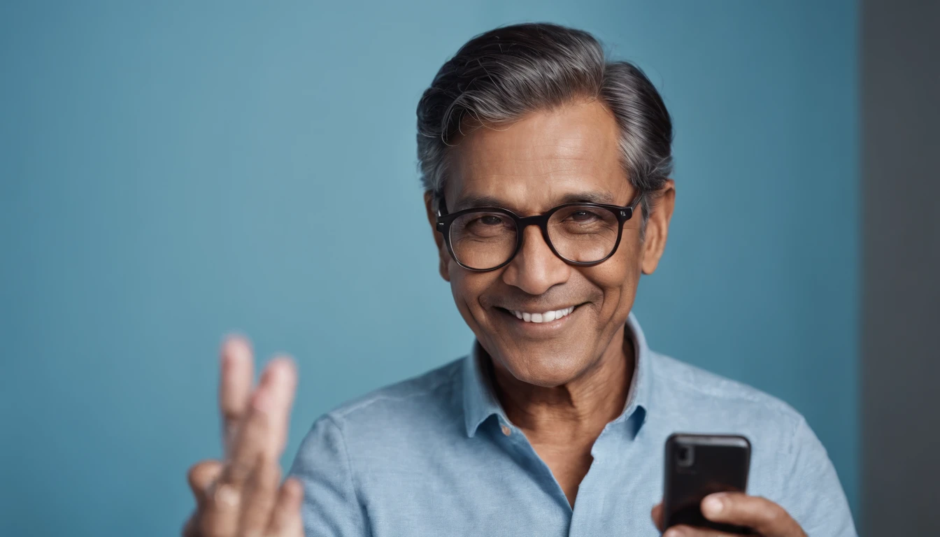 portrait of an 60 year old brown-skinned man with black hair, smiling, holding a smartphone, wearing round glasses and a blue shirt, on a simple light blue background, depth of field, super detail, photographed with a Leica Camera AG Leica M10, 50 mm lens