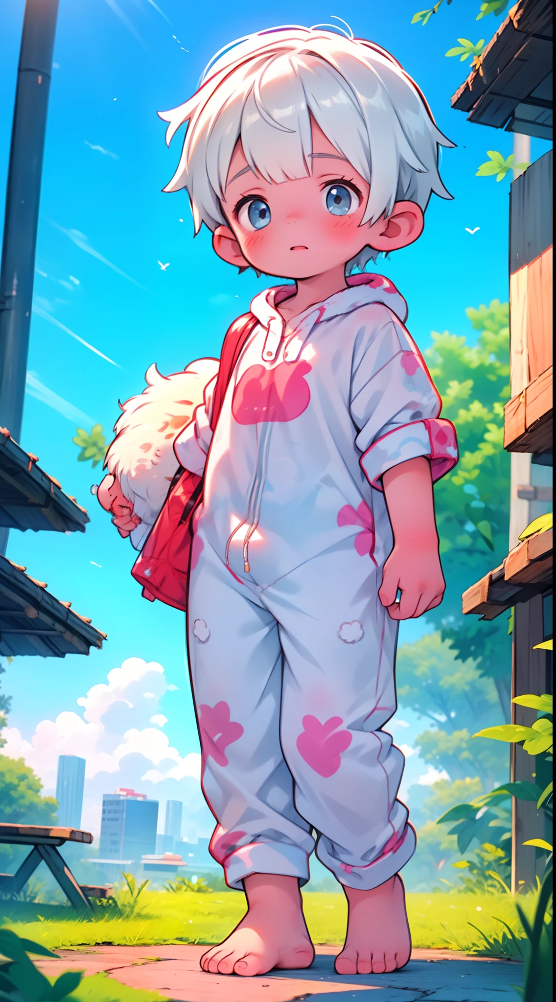 Cute Boy, small boy, ((young)), shota, wearing a onesie, barefoot, kid, kemono, ((shota)), ((onesie)), short hair, ((boy)), (white hair), kawaii, city in background, sunset