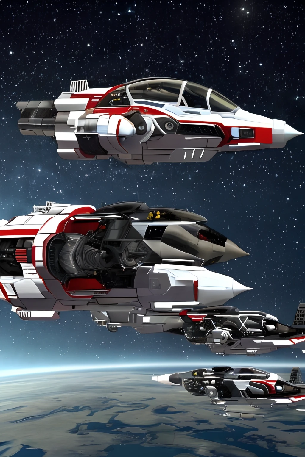A closeup of a fighter jet with black and white and red stripes, Escuro ( spaceship ), nave estelar futurista, Projeto de naves espaciais, nave espacial scifi, spaceship, alien starship, nave espacial, nave espacial futurista, legendary space ship, hyperspace creature, nave espacial detalhada, Grande nave espacial estranha, planos ascendentes, symmetric!! scientific fiction, Drone Reaver, (matte lighting),(ambiente desfocado),(spaceshooter 2 d), (perfil), (without illumination :1.5) , (estilo revista em quadrinhos :1.2),(manga :1.3)