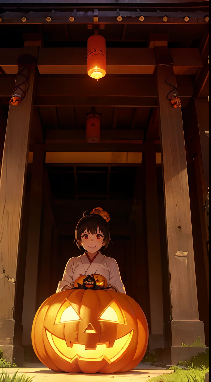 A checkered doll smiling fearlessly and holding a jack-o-lantern in front of a japanese-temple that looks like a crumbling ruin, an checkered doll eerily illuminated from below by the light of a jack-o-lantern, the japanese-temple grounds. Skulls lit with Japanese candles are scattered on the japanese-temple floor, and the square in front of the japanes-etemple has not been maintained and is overgrown with grass.