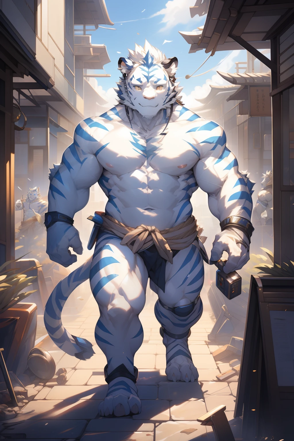 (by null-ghost, by thebigslick, By Darkgem, by Honovy), Kogenta (Onmyoji Oyamaji Temple), high-definition photograph, Perfect anatomy, Anthropomorphic white tiger, male people, 20yr old, Thick eyebrows, Light blue stripes, Strong body, large pecs, (Fully naked body:1.4), mechanical leg, Battery powered, which stands on the street, one arm raised, Bluetooth headset, Mysterious Expression, Golden pupils, Look up at the audience, Clear facial features, Strong, Solo, top views, Full body photo, street Tokyo, Noisy environment, neonlight, Decadent architecture, cyber punk perssonage, Waste soil style,