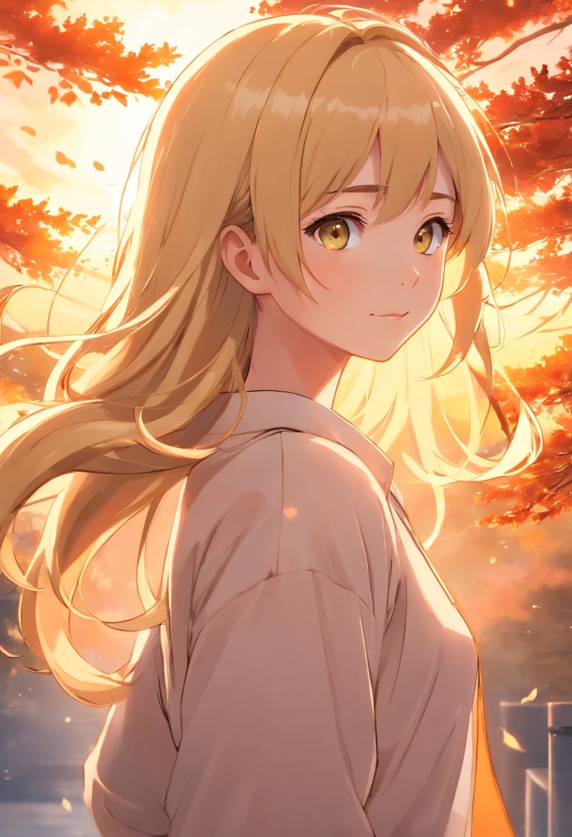 masterpiece, best quality, movie still, 1woman, close-up, bright, happy, warm soft lighting, sunset, (sparks:0.7), blonde hair, ringlet hair, golden eyes, shy, golden tree background, long hair, blush, hands to chest, hands clasped,
