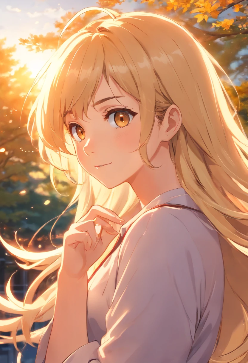 masterpiece, best quality, movie still, 1woman, close-up, bright, happy, warm soft lighting, sunset, (sparks:0.7), blonde hair, ringlet hair, golden eyes, shy, golden tree background, long hair, blush, hands to chest, hands clasped,