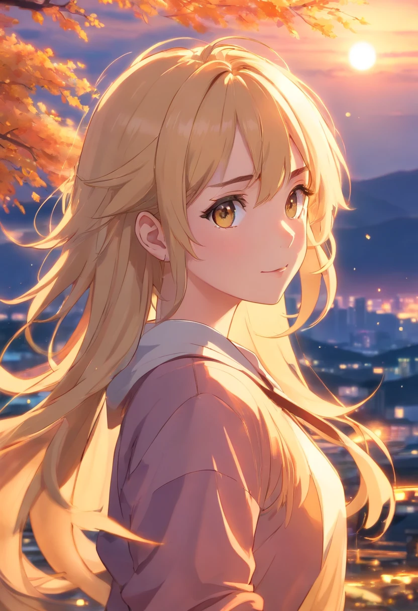 masterpiece, best quality, movie still, 1woman, close-up, bright, happy, warm soft lighting, sunset, (sparks:0.7), blonde hair, ringlet hair, golden eyes, shy, golden tree background, long hair, blush, hands to chest, hands clasped,