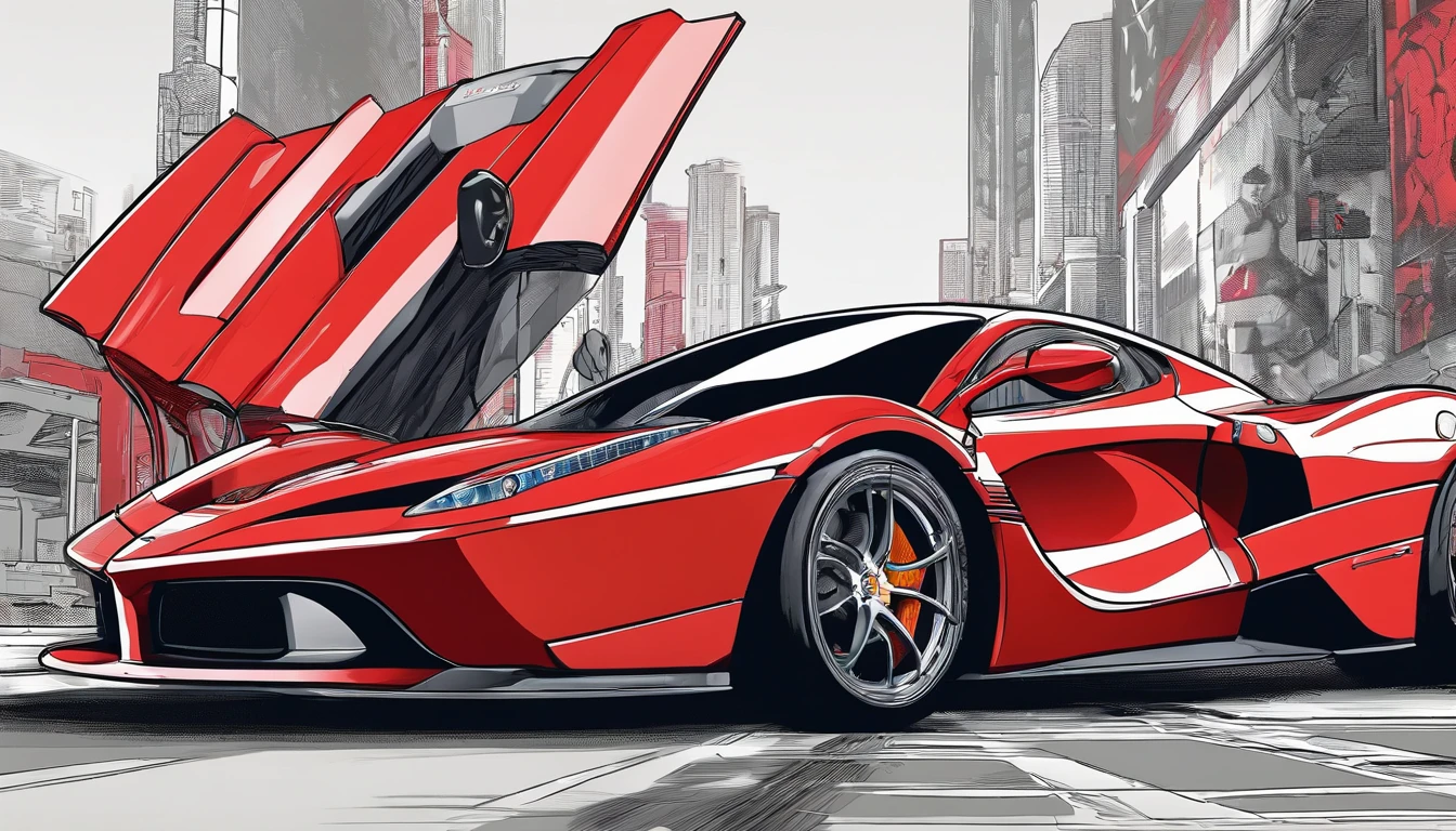 best quality, masterpiece, photo, 4K, photorealistic, highly detailed, side view La Ferrari ((red color)), techwear, cyberpunk city, solo, futuristic, black and white background, by Rob Liefeld, ((1:3 ratio object:background))