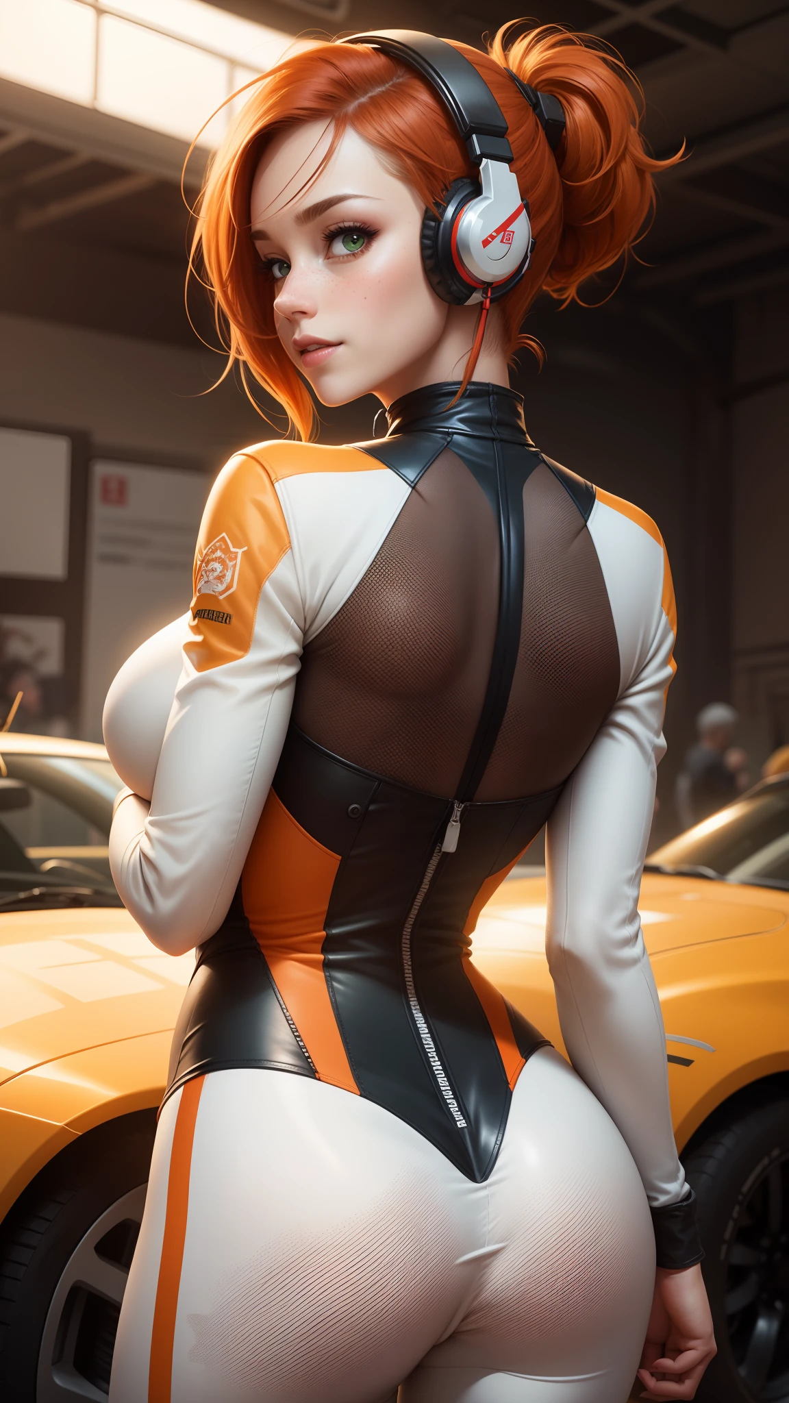 gwen tennyson,1girl,tracer,elsa,rebecca chambers,overwatch,gundam,close up, mecha pilot,racetrack,white and red plugsuit,hair pin,pirate corset,white long sleeve lycra top,orange leggings,short hair,cute makeup,green eyes,orange hair with highlights,shy smile,freckles, redhead,beautiful girl,large breasts,ultra detailed,realistic,fantasy art,gaming headset,pilot jacket,racing car,from behind,