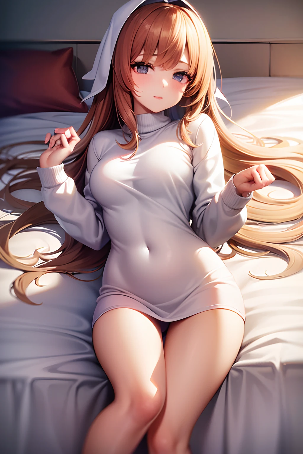 1girls, wears a much too long white sweater all over his body, posiert auf dem bett, Seductive girl