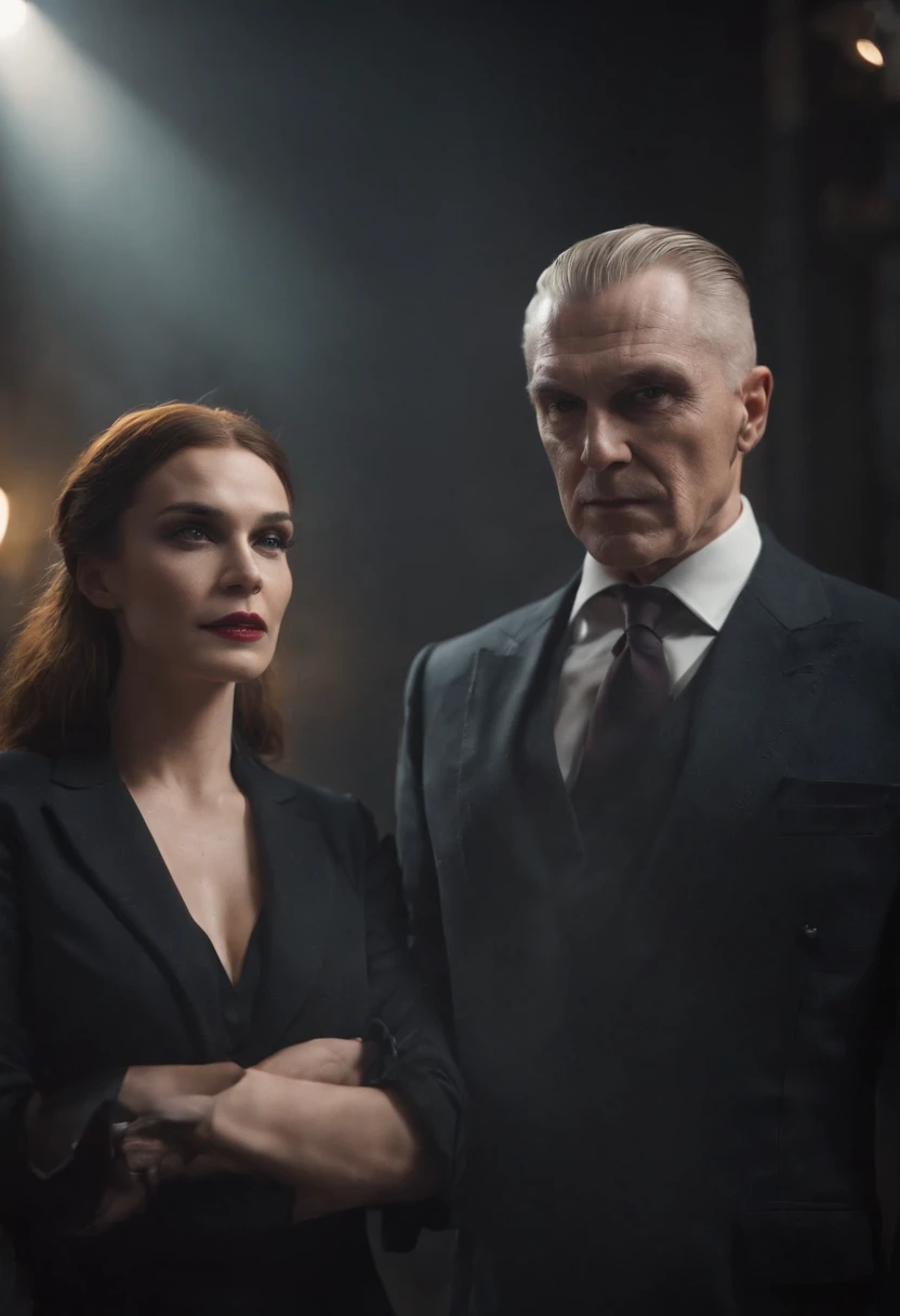 a couple of evil ruthless villains, man and woman, evil businesspeople who want to take over the world, realistic, cinematic