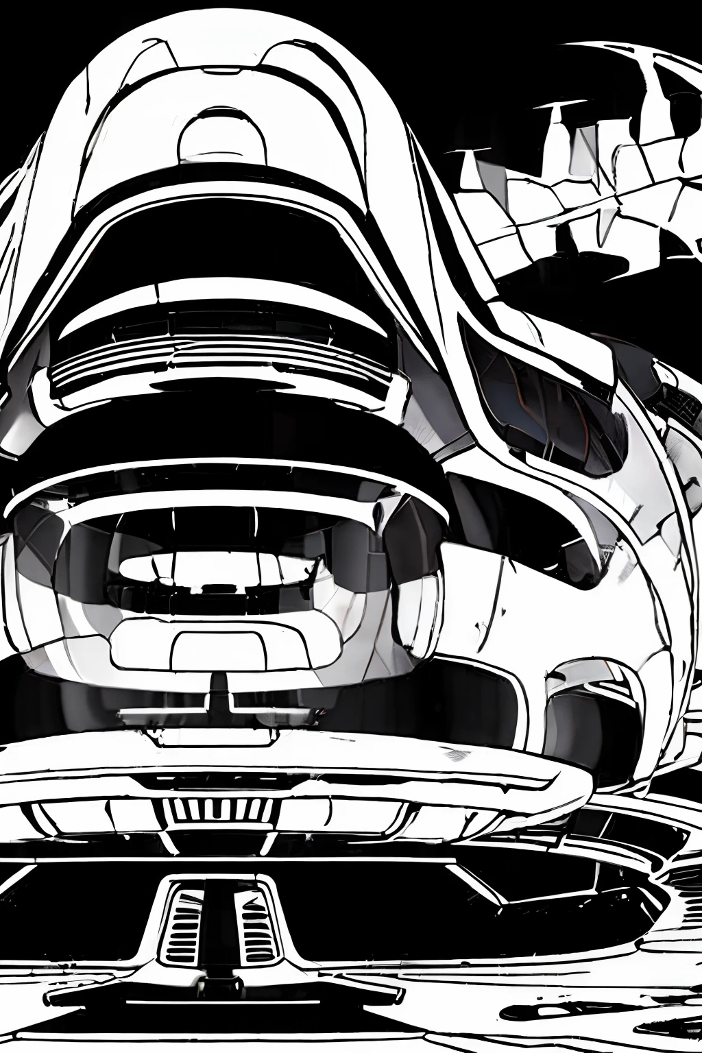 A closeup of a fighter jet with black and white and red stripes, Escuro ( spaceship ), nave estelar futurista, Projeto de naves espaciais, nave espacial scifi, spaceship, alien starship, nave espacial, nave espacial futurista, legendary space ship, hyperspace creature, nave espacial detalhada, Grande nave espacial estranha, planos ascendentes, symmetric!! scientific fiction, Drone Reaver, (matte lighting),(ambiente desfocado),(spaceshooter 2 d), (perfil), (without illumination :1.5) , (estilo revista em quadrinhos :1.2),(manga :1.3)
