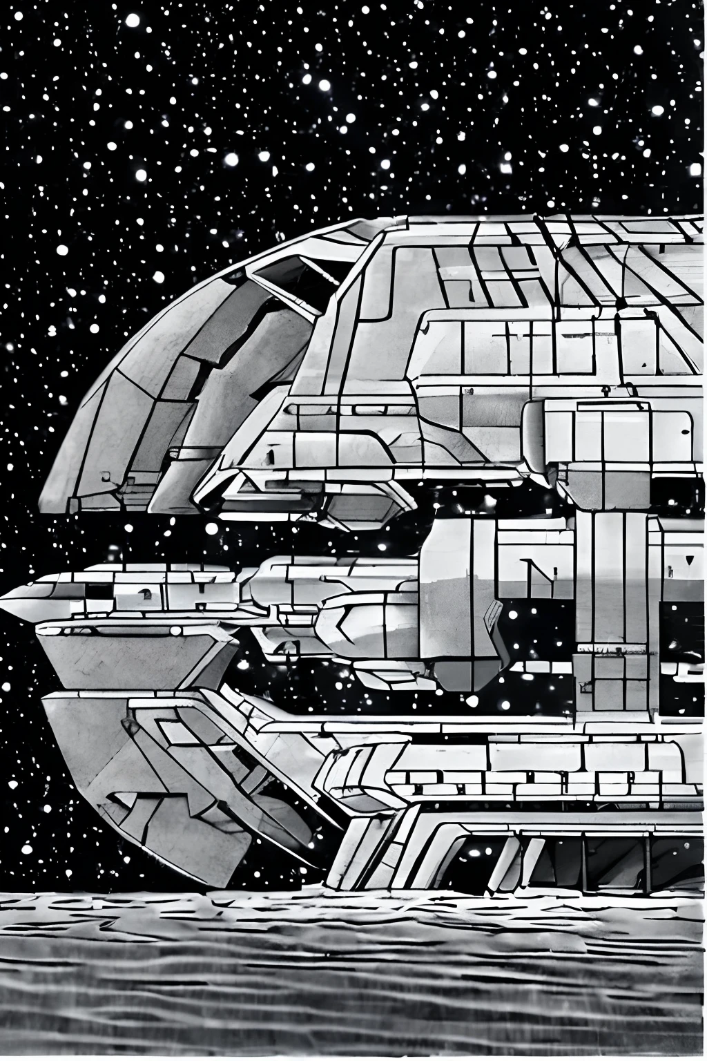 A closeup of a fighter jet with black and white and red stripes, Escuro ( spaceship ), nave estelar futurista, Projeto de naves espaciais, nave espacial scifi, spaceship, alien starship, nave espacial, nave espacial futurista, legendary space ship, hyperspace creature, nave espacial detalhada, Grande nave espacial estranha, planos ascendentes, symmetric!! scientific fiction, Drone Reaver, (matte lighting),(ambiente desfocado),(spaceshooter 2 d), (perfil), (without illumination :1.5) , (estilo revista em quadrinhos :1.2),(manga :1.3)