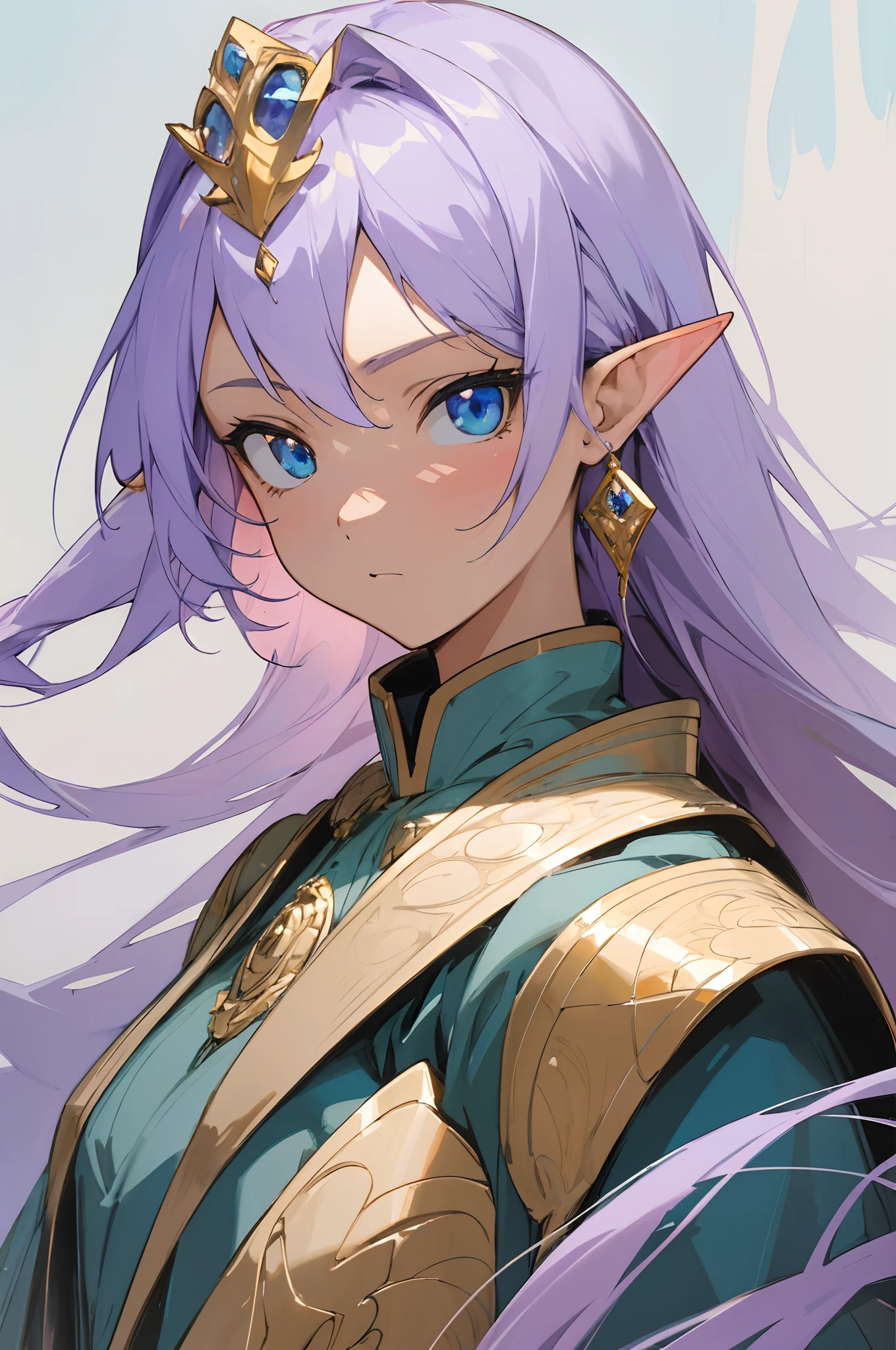 (masterpiece, best quality) detailed, 1Character , blue archive art style ,  pastel washed out colors , cell shade , soft, muted shades ,gentle colors , powerful and charismatic , regal gold armor, confident and strong, determined eyes, intricate armor design, elegant and resilient, blue and gold color scheme, commanding presence, air of mystery, awe and intrigue, posing for a photo, charismatic aura, captivating  and power), high resolution, HD, 4k, professional photograph, trending on Instagram, portrait, close-up, full-body, stunning image, extraordinary detail, oil painting, acrylic, master artist, famous artwork, HDR lighting, dramatic composition, depth of field, Stunning woman , elf ears , extremely long hair , light skin , blue eyes , light purple hair , straight hair , age 27