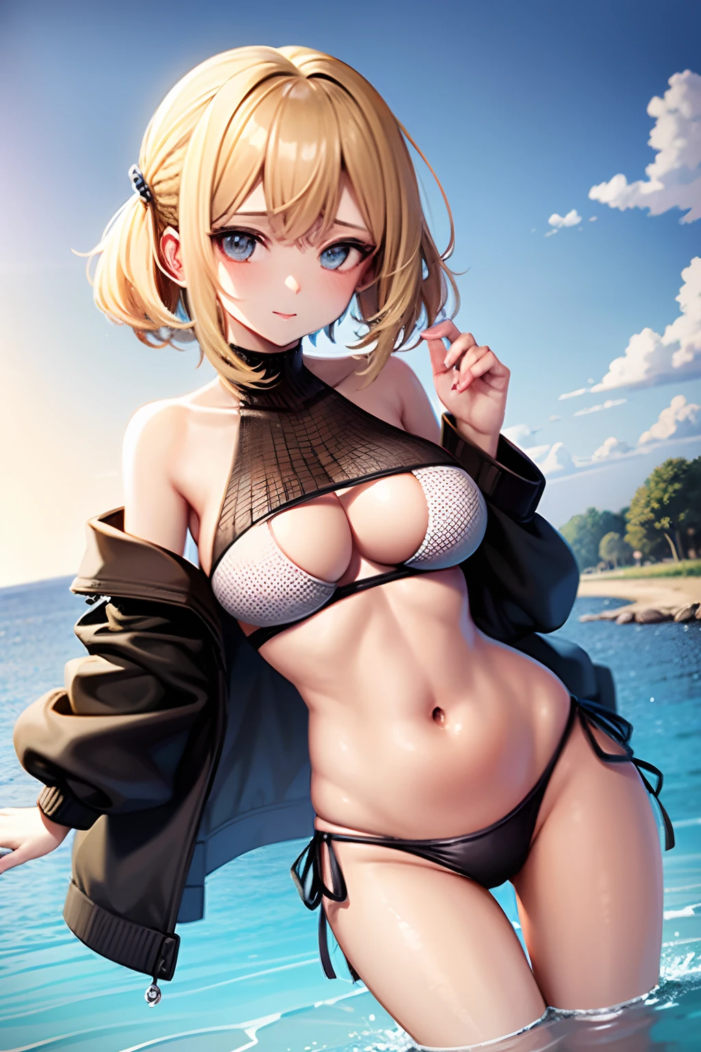 1girl, seios enormes, im Bikini, niedlich, lange haare, blonde haare, blaue augen, sexy