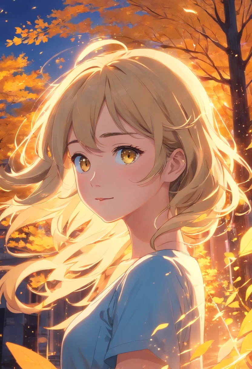 masterpiece, best quality, movie still, 1woman, close-up, bright, happy, warm soft lighting, sunset, (sparks:0.7), blonde hair, ringlet hair, golden eyes, shy, golden tree background, long hair, blush, hands to chest, hands clasped, yellow dress, fantasy, curly hair,