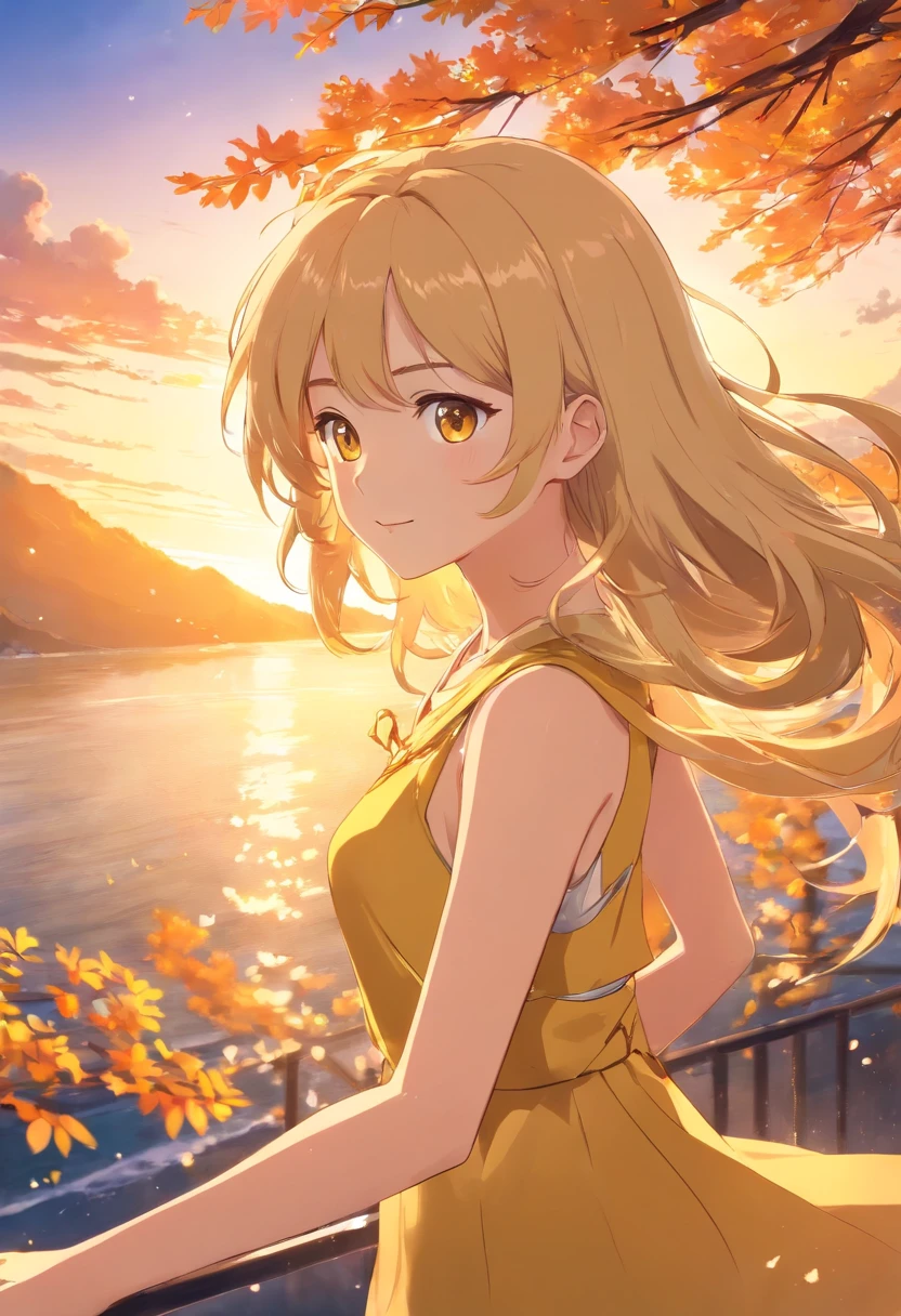 masterpiece, best quality, movie still, 1woman, close-up, bright, happy, warm soft lighting, sunset, (sparks:0.7), blonde hair, ringlet hair, golden eyes, shy, golden tree background, long hair, blush, hands to chest, hands clasped, yellow dress, fantasy, curly hair,