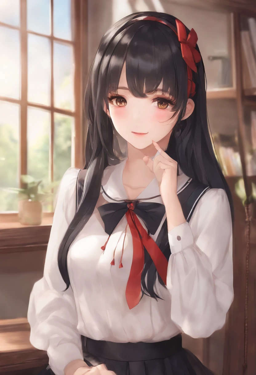 There was a woman with a bow tie,Wear a transparent shirt, Full-figured, white hime cut hairstyle, Surrealism female students, japanese girl school uniform, Ruan cute vtuber, cute female student,With a smile, wearing a Japanese school uniform, Surrealism female students, black hime cut hair, Anime girl in real life, ulzzangs, She has black hair,By bangs