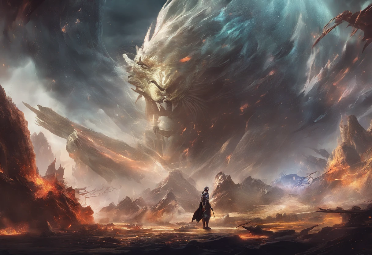 ( (8k:1.27), top quality, masterpiece, super high resolution:1.2) Tell the story of this epic battle from the perspective of a witness or a character within the scene. Explore the emotions, motivations, and consequences of this mythic clash. How does the artwork capture the essence of this battle as a symbol of cosmic forces in turmoil?,A human being who is not afraid of all gods,