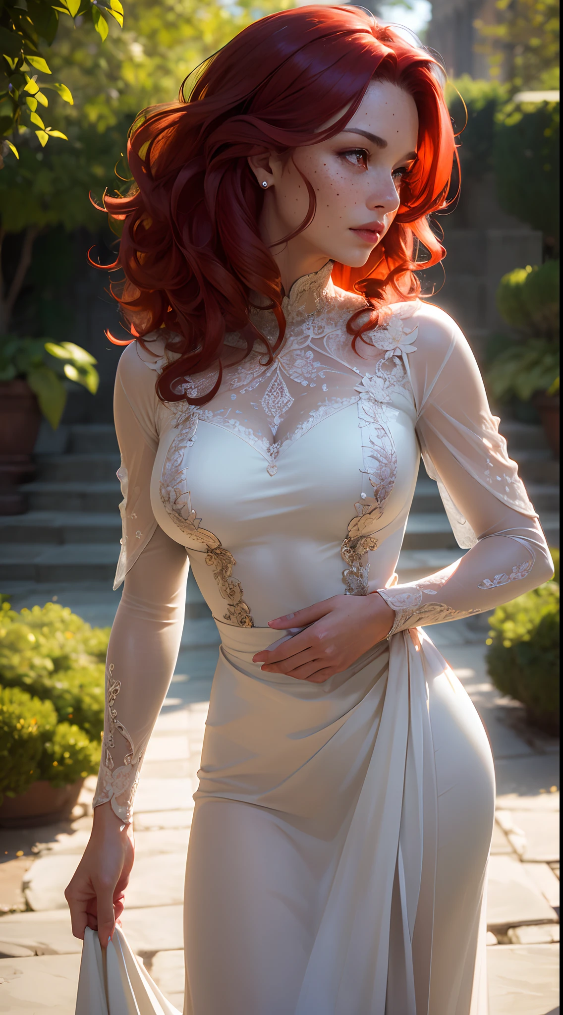 (Detailed face features:1.3), (((mature woman))), standing wearing a long dress, (angular shot), (perfil shot), (side face photo, 16k, masterpiece, best quality: 1.2), (high detailed skin), (curly red hair), (freckles, red eyes, detailed lips)), slim, automatic white balance, (ultra realism, hyper detailed and intricate realism: 1.3), (wide depth of field, radiant mapping: 1.2), High dynamic range, vivid, rich details, clear shadows and highlights, realistic, intense, enhanced contrast, clear outdoor,