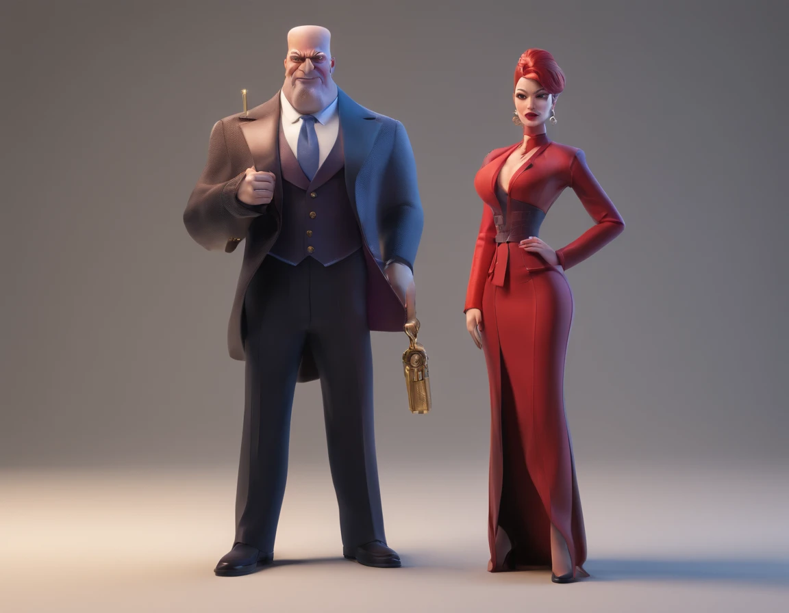 a couple of evil ruthless villains, man and woman, evil businesspeople who want to take over the world, realistic, cinematic