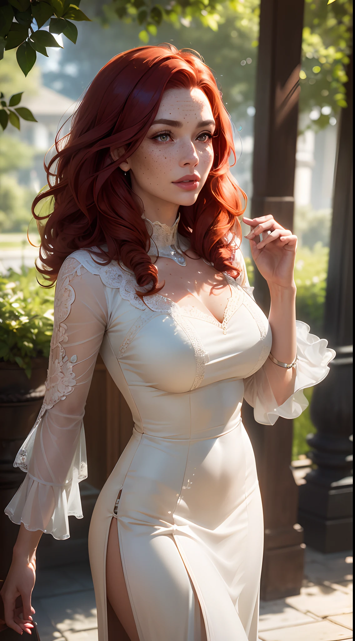 (Detailed face features:1.3), (((mature woman))), standing wearing a long dress, (angular shot), (perfil shot), (side face photo, 16k, masterpiece, best quality: 1.2), (high detailed skin), (curly red hair), (freckles, red eyes, detailed lips)), slim, automatic white balance, (ultra realism, hyper detailed and intricate realism: 1.3), (wide depth of field, radiant mapping: 1.2), High dynamic range, vivid, rich details, clear shadows and highlights, realistic, intense, enhanced contrast, clear outdoor,
