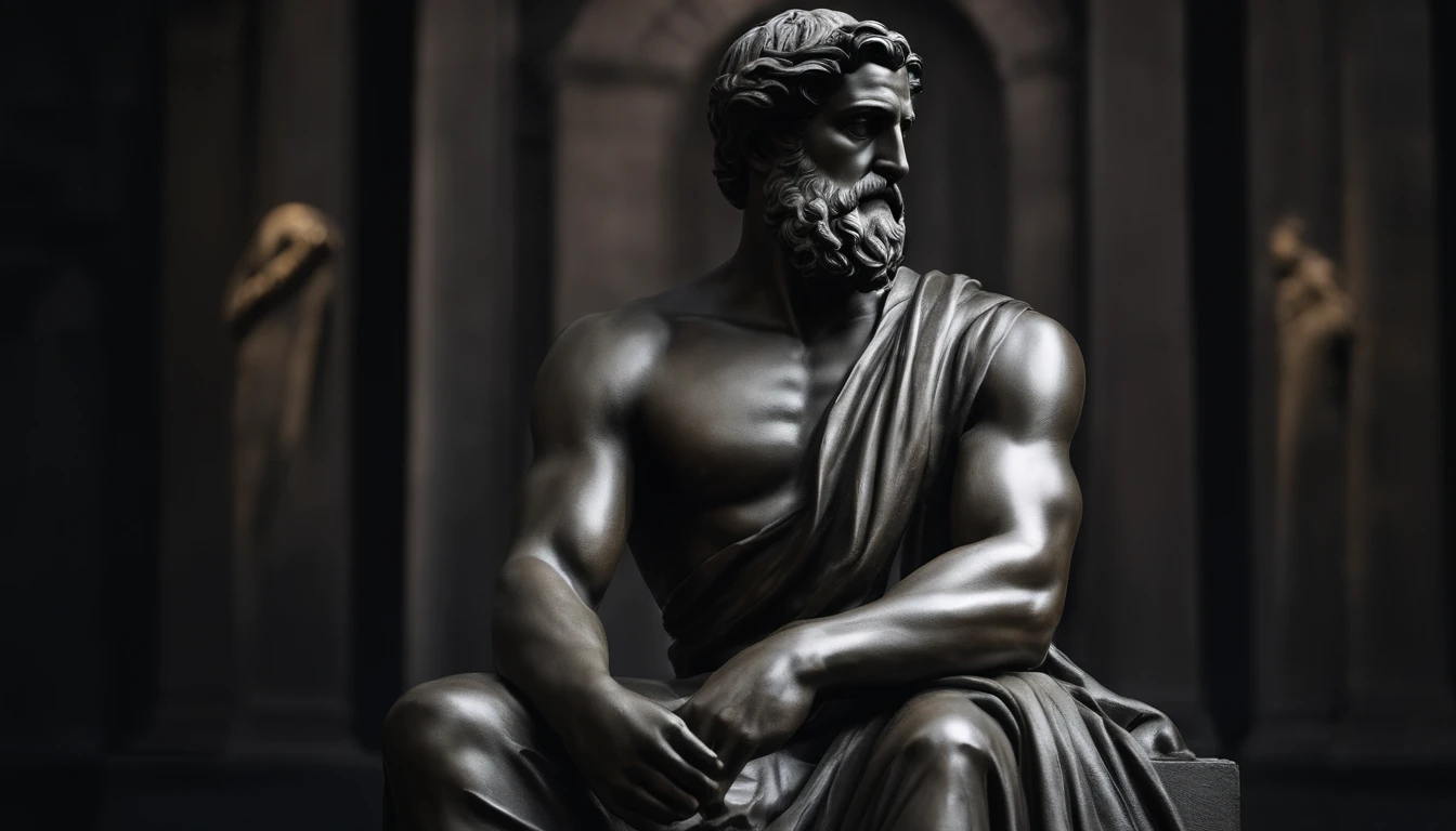 Please create an image of a statue of a muscular Greek philosopher, sitting in a contemplative and pensive pose, with the image background black. The statue must portray the philosopher in a serene and introspective posture, with well-defined muscles and the face expressing depth of thought. Ensure that the sculpture stands out clearly against the dark background, creating a striking contrast that emphasizes the figure of the Greek philosopher. the most realistic possible with the highest image quality available, 8k.