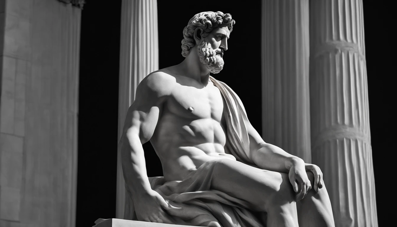 Please create an image of a statue of a muscular Greek philosopher, sitting in a contemplative and pensive pose, with the image background black. The statue must portray the philosopher in a serene and introspective posture, with well-defined muscles and the face expressing depth of thought. Ensure that the sculpture stands out clearly against the dark background, creating a striking contrast that emphasizes the figure of the Greek philosopher. the most realistic possible with the highest image quality available, 8k.