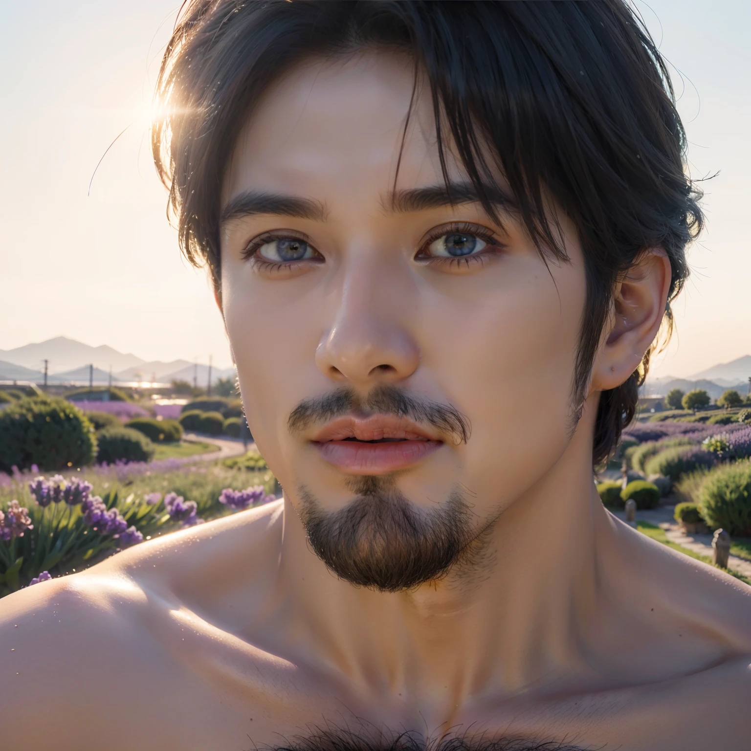 (FULL OF LAVENDER FLOWER) (PURPLE FLOWER) (handsome male) masterpiece, handsome (((BIG muscular))) men (((naked))) best quality, high resolution, (light blue bright eyes) closeup portrait, in the LAVENDER GARDEN GOLDEN HOUR MORNING with a SUN in the center, amazing composition, front view, HDR, volumetric lighting, ultra quality, elegant, highly detailed , PSD, Sharp Focus, High resolution 8K, realisitic & Professional Photography, 8K UHD, Soft lighting, High quality, Film grain, FujifilmXT3,high-quality, ultra-detailed illustrations, ultra-high resolution, (high resolution,overwhelmingly pixel-perfect,luxurious illustration), (Ultra Quality, Masterpiece, Ethereal:1.4) photorealistic:.1.4, UHD (8k, RAW photo, best quality, masterpiece:1.2),(realistic, photo-realistic:1.37)