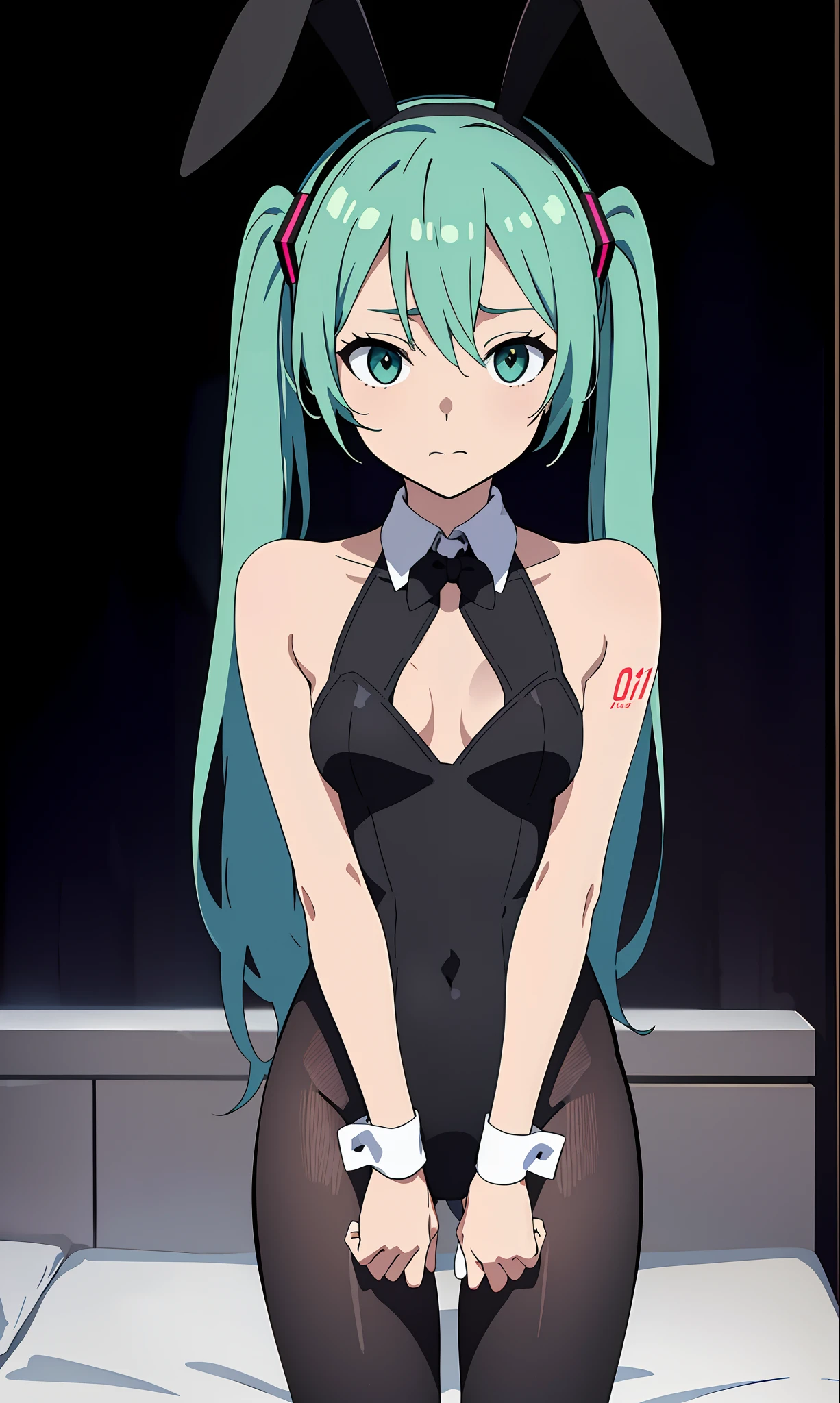 masterpiece, best quality, hatsune miku, black swimsuit, bunny suit, bunny ears, dark background, upper body, (closed mouth:1.2), looking at viewer, arms behind back, white theme, stars, hotel room