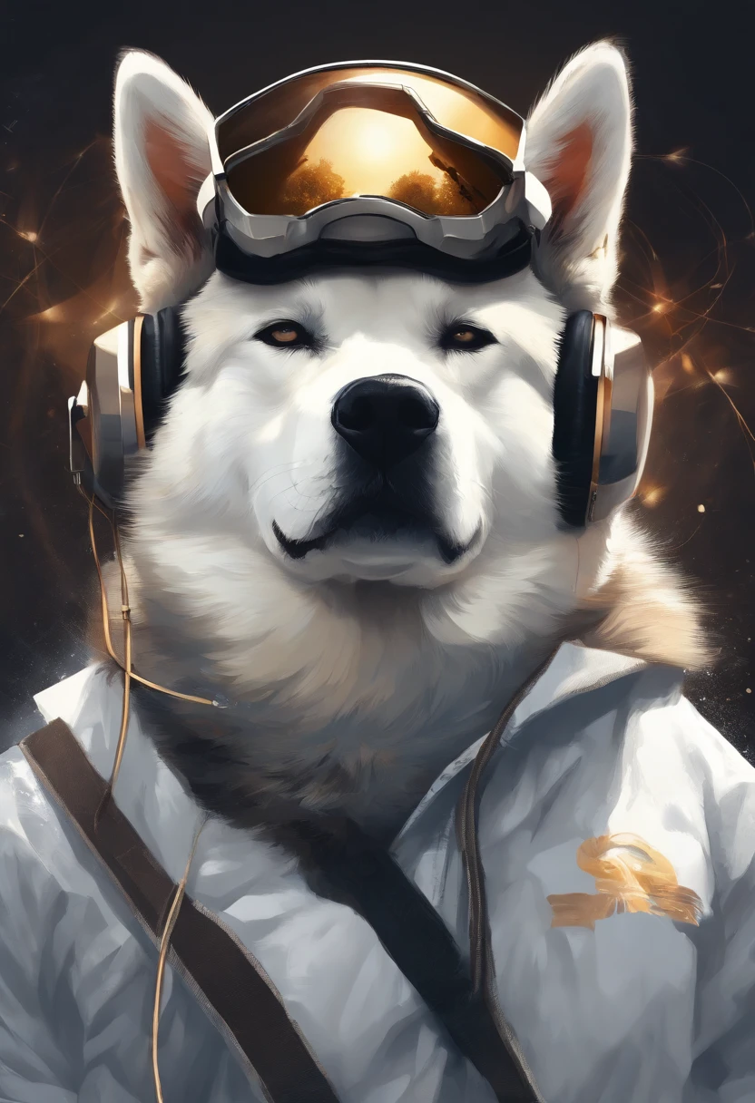 Perfect centering, An Akita Inu dog everywhere, Wearing a student jacket, wearing sunglasses, Wearing headphones, still position, abstract beauty, Centered, looking at the camera, facing the camera, Close to perfection, dynamic, moonlight , highly detailed, digital painting, Art Stations, Concept-Art, smooth, sharp focus, 8k, high definition resolution, illustration, art by Carne Griffiths and Wadim Kashin, white background