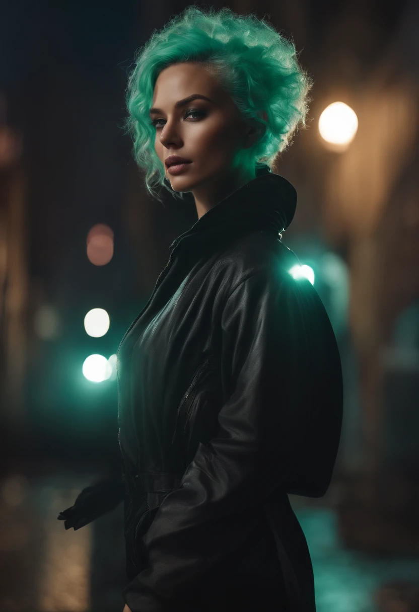 close up of woman jovem, action pose, light sea-green hair, short and curly hair, long black coat, tactical jumpsuit, white skin, big and perfect hazelnut brown eyes, slender and athletic body, Neon Noir, best quality, 4k, 8k,High,ultra-detailed,realistic,photorealistic:1.37,impressive,post-apocalyptic,cyberpunk style,post-apocalyptic,gritty,dystopian,very narrow and claustrophobic alley,tall buildings,futuristic architecture,ruined buildings,dark alleys,rain strong, Rain, bright signs, Holographic advertisements, wet reflective pavement, Smoky atmosphere, pollution, cracked concrete, rubble, hanging electrical wires, piles of rubbish, rusty metal, walls covered in graffiti, dark night, low light,