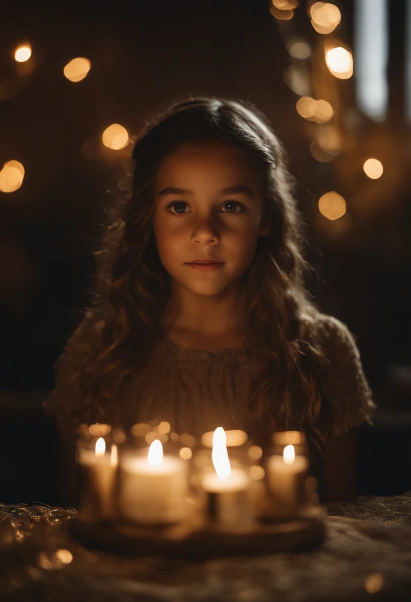 GIRL BLONDE CHILD IN BRAID, MUITAS VELAS ACESSAS , fundo vermelho.