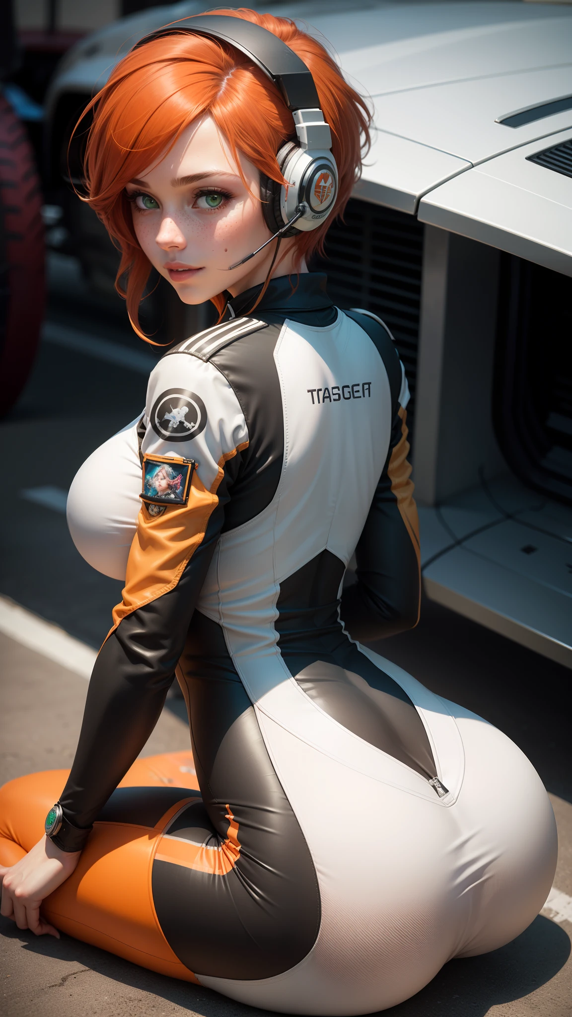 gwen tennyson,1girl,tracer,elsa,rebecca chambers,overwatch,gundam,close up, mecha pilot,racetrack,white and red plugsuit,hair pin,pirate corset,white long sleeve lycra top,orange leggings,short hair,cute makeup,green eyes,orange hair with highlights,shy smile,freckles, redhead,beautiful girl,large breasts,ultra detailed,realistic,fantasy art,gaming headset,pilot jacket,racing car,from behind,sitting,