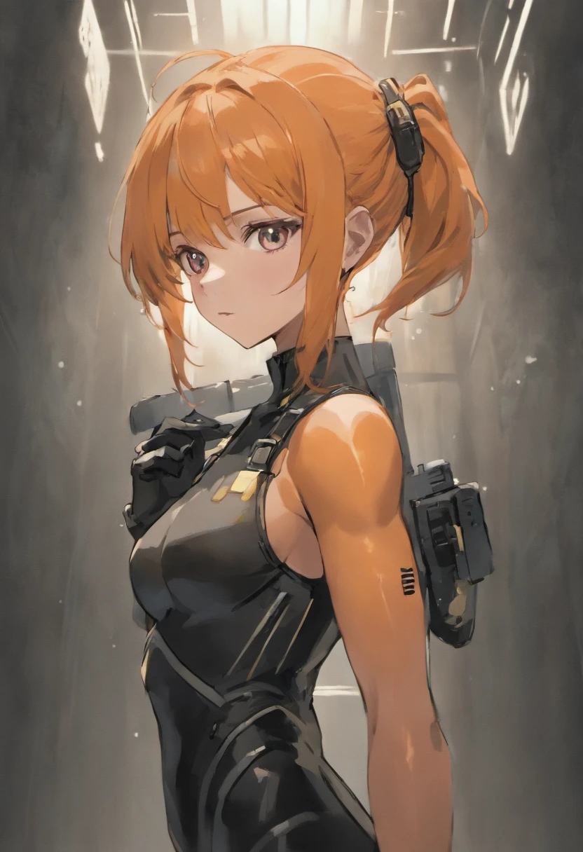 meryl silverbugh, metal gear solid, con el pelo naranja, camiseta de tirantes negra, guantes con los dedos al descubierto, mirada sexy, de perfil, con una pistola