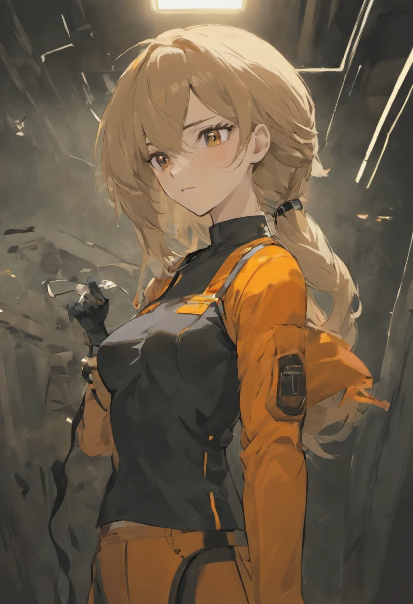 meryl silverbugh, metal gear solid, con el pelo naranja, camiseta de tirantes negra, guantes con los dedos al descubierto, mirada sexy, de perfil, con una pistola
