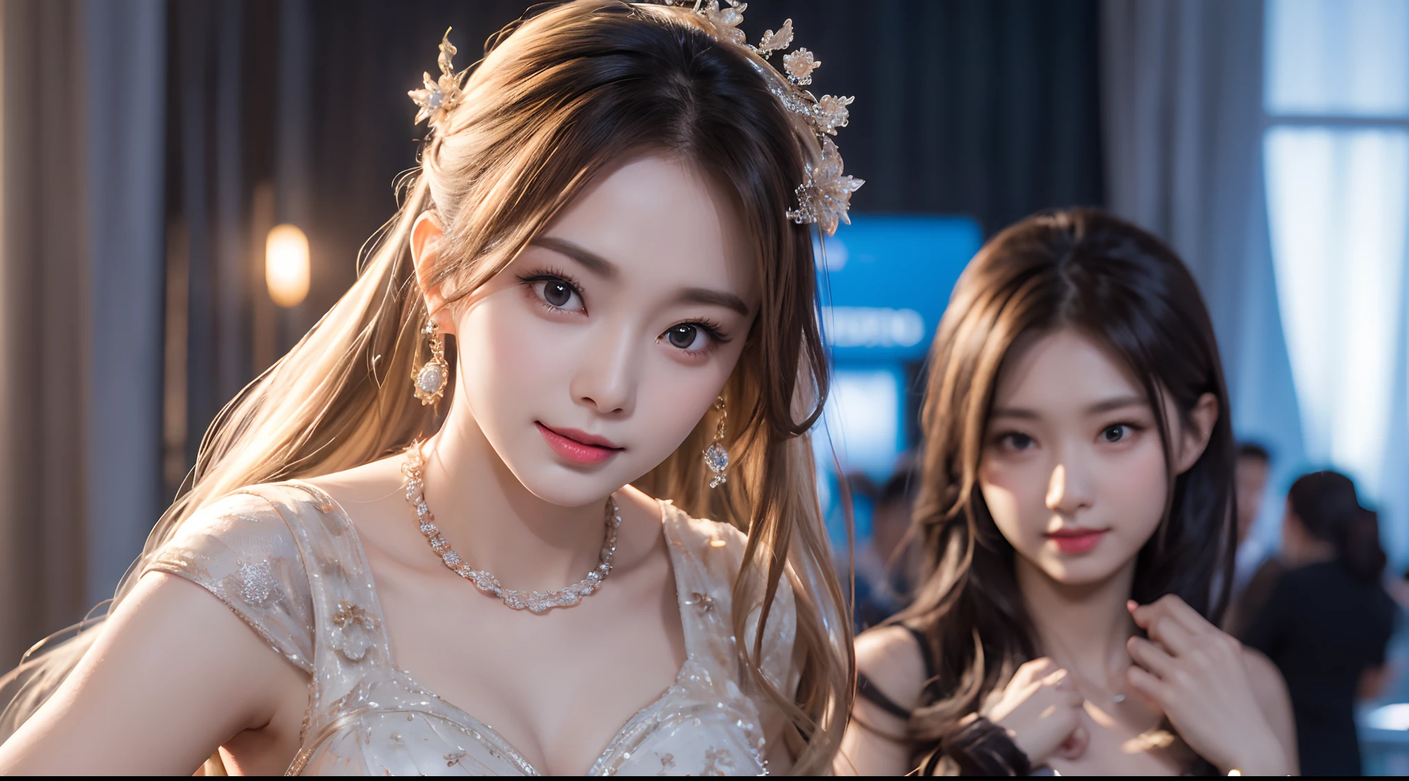 Realistic lighting, Top Quority, 8K resolution, (masterpiece: 1.3), (Clear focus: 1.2), 1 Asian girl, beautiful face, smooth white skin, big double eyelids, light makeup Sexy expressions, Perfect anatomy of the body, (perfect body: 1.6), (big chest 1.7), long black hair, (best breasts: 1.8), magia, sexy evening dress, sexy, exterior, (date: 1.1), 1080p, hyper HD, textured, super detailed, best quality, high detail, highest quality.