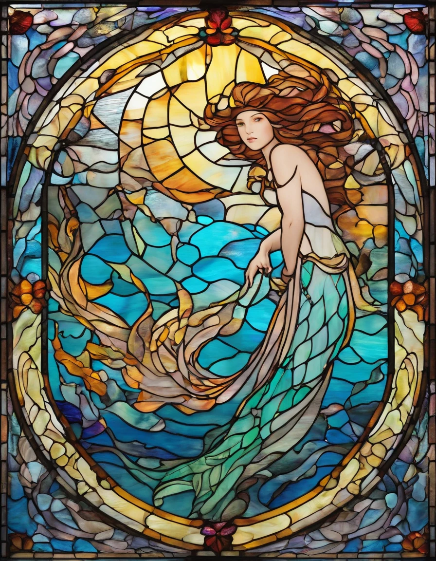 The stained glass of mermaids in the style of modern, Alphonse Mukha, James Gene, Erin Hanson, hyperedetalization, backlight, perfect symmetrical eyes, magnificent face --seed 2697927533