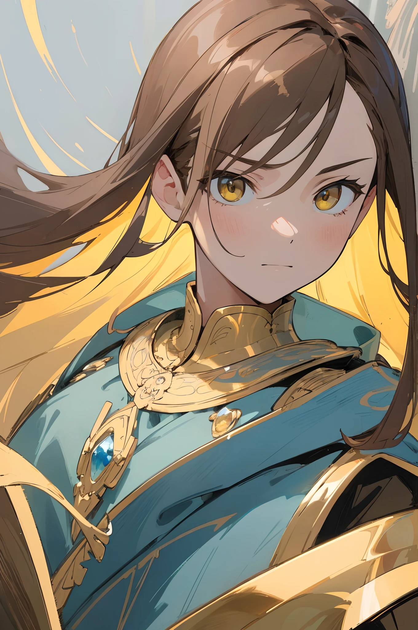 (masterpiece, best quality) detailed, 1Character , blue archive art style ,  pastel washed out colors , cell shade , soft, muted shades ,gentle colors , powerful and charismatic , regal gold armor, confident and strong, determined eyes, intricate armor design, elegant and resilient, blue and gold color scheme, commanding presence, air of mystery, awe and intrigue, posing for a photo, charismatic aura, captivating  and power), high resolution, HD, 4k, professional photograph, trending on Instagram, portrait, close-up, full-body, stunning image, extraordinary detail, oil painting, acrylic, master artist, famous artwork, HDR lighting, dramatic composition, depth of field, Beautiful woman , very long hair , dark brown hair , gold eyes , lean body , yellow under hair , age 26