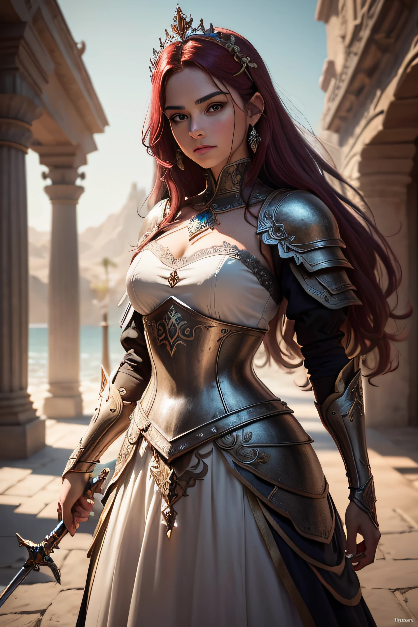 (Hermosa mujer princesa real: 1.6) guerrera con armadura espada y escudo ornamentado (extremadamente delicada y hermosa) (medieval juego de tronos) ambiente de bosque profundo de juego de tronos (cuerpo delgado: 0.8) (piel HQ: 2, piel brillante) soft illuminaotion, color de pelaje: rojo (cabello colorido: 1.5) (obra maestra: 1.2) (fotorrealista: 1.2) (la mejor calidad) (piel detallada: 1.3) (detalles intrincados) (HDR) (cinematography lighting) (foco nítido) (illustration: 1.1) (detallado) (fondo detallado) (atmospheric volumetric fog: 1.1) Epic Movie Poster (papel tapiz) (cabo: 1.2) (bordados: 0.5) (foto RAW: 1.2) ultra-high-resolution (Detailed facial features) disparo a nivel de los ojos (resolution: 8k) (dynamic pose) Fujifilm XT3 (fondo de pantalla ultra detallado de Juego de Tronos 8K) ZRPGStyle (realeza ornamentada)