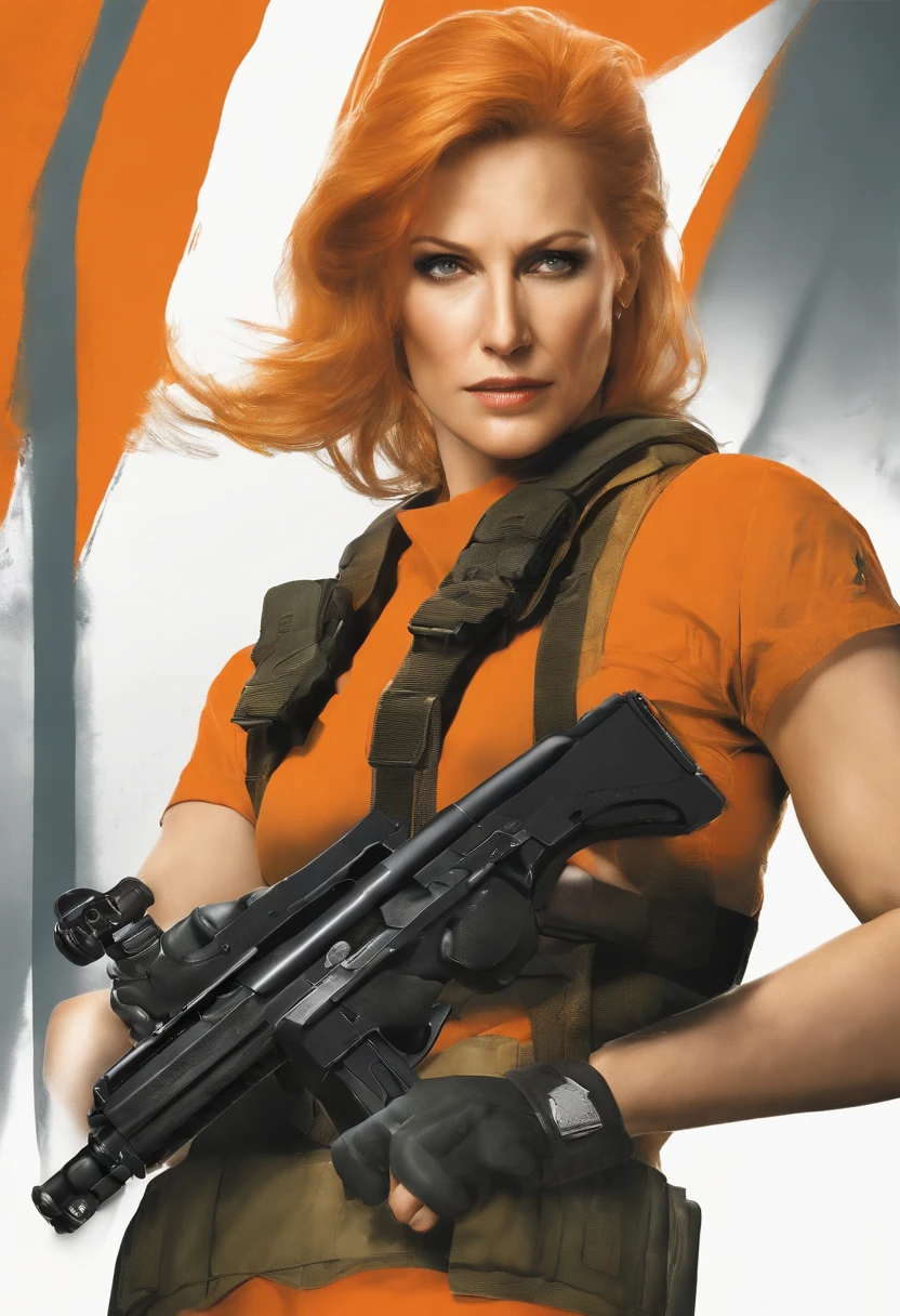 meryl silverbugh, metal gear solid, con el pelo naranja, camiseta de tirantes negra, guantes con los dedos al descubierto, mirada sexy, de perfil, con una pistola