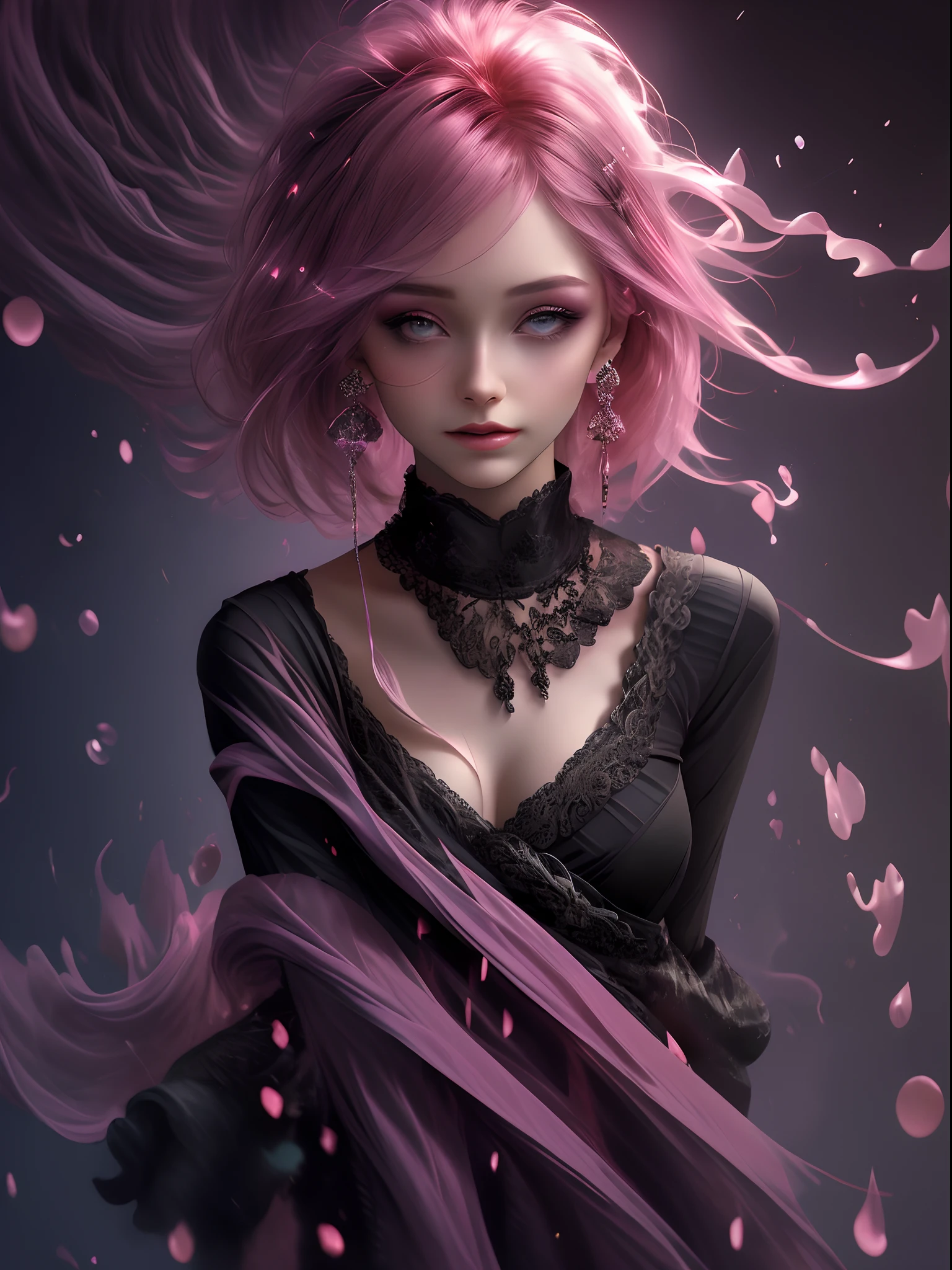 A beautiful women looking at the perfume that is Spectral Fern - Enhances magical communication with spirits. on balck velvet backgorund, rim lights, digital art photo_focus