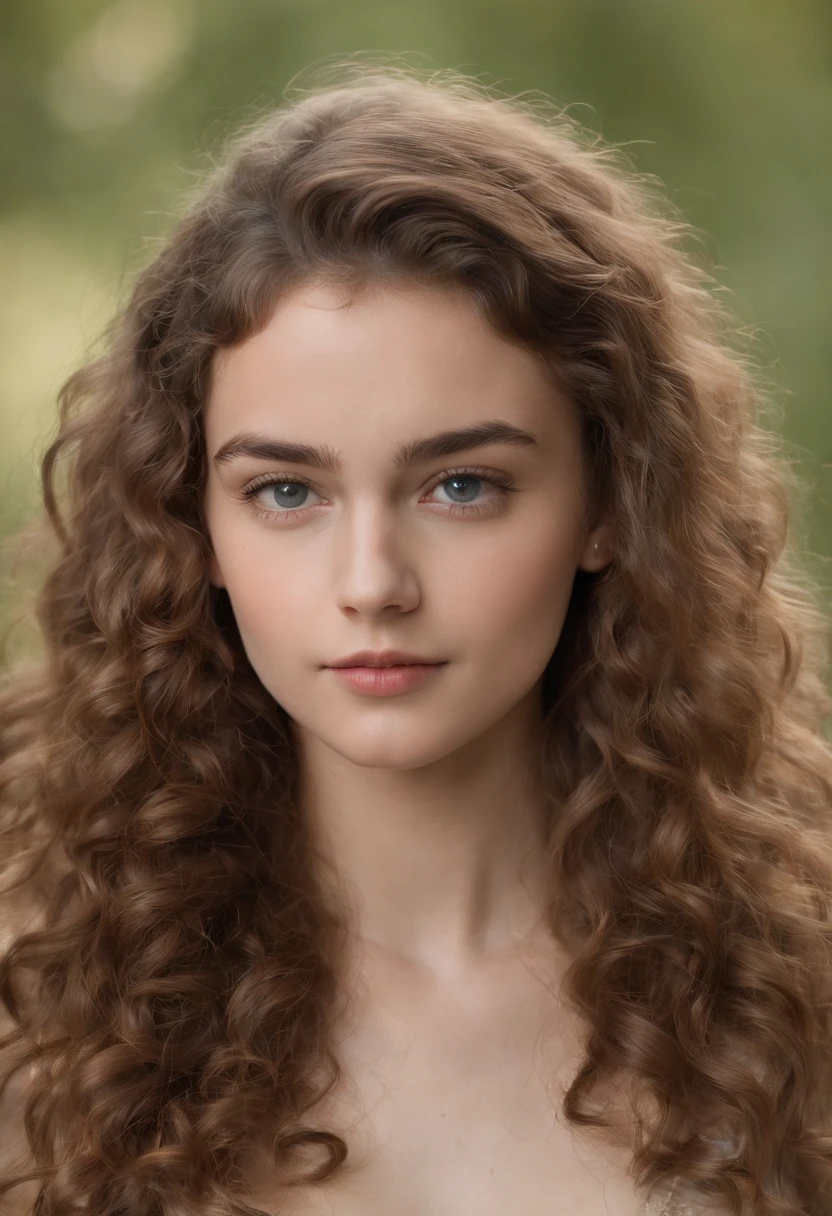 "Full body portrait of a charming 18-year-old woman with curly hair, small figure, Cara hermosa, Cautivadores ojos azules, and modest bust size, mostrando su belleza natural."