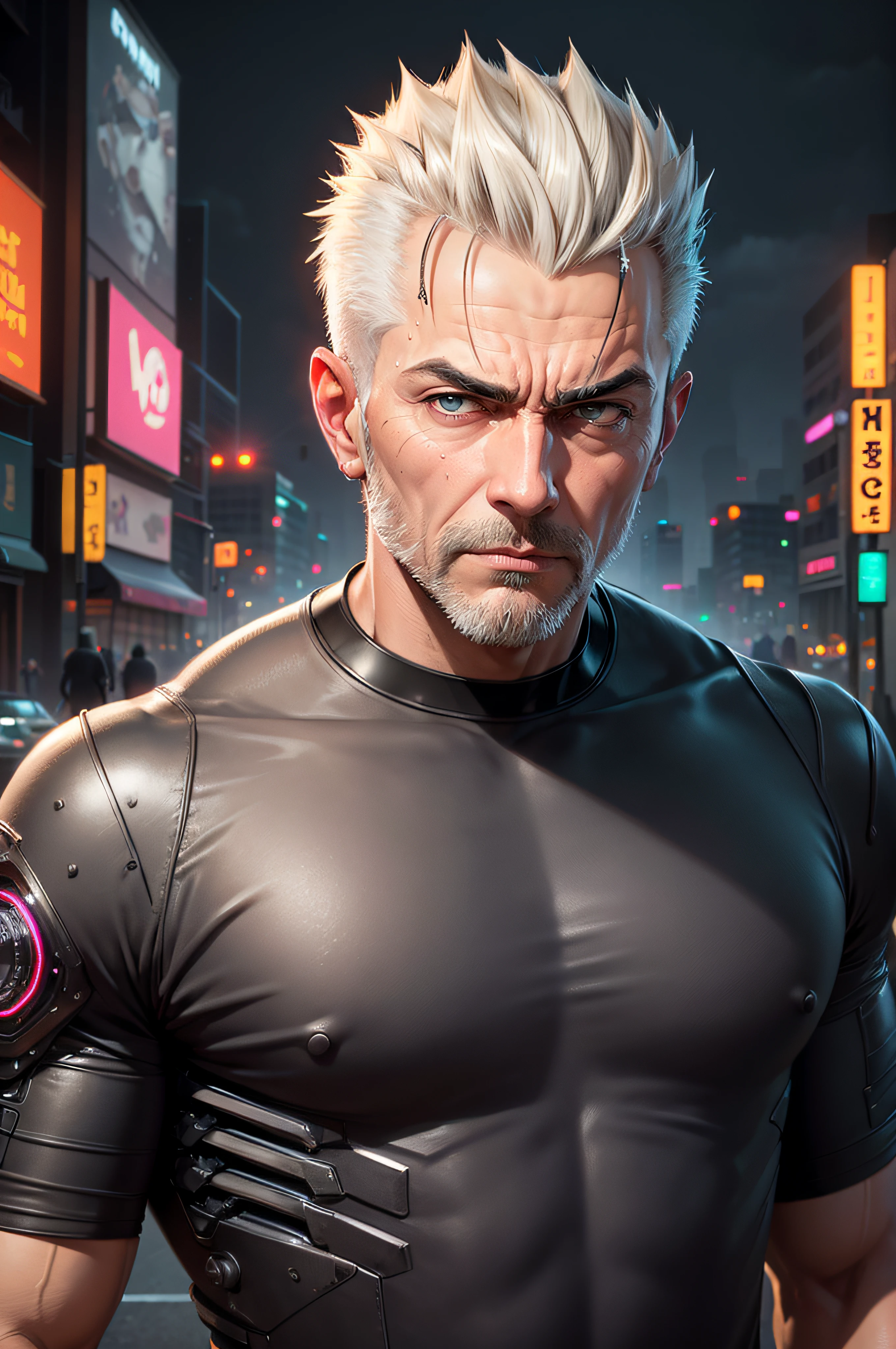 strong muscular man, street angry, backpack, epic realistic, photo, faded, complex stuff around, intricate background, soaking wet, neutral colors, ((((hdr)))), ((((muted colors)))), intricate scene, artstation, intricate details, vignette