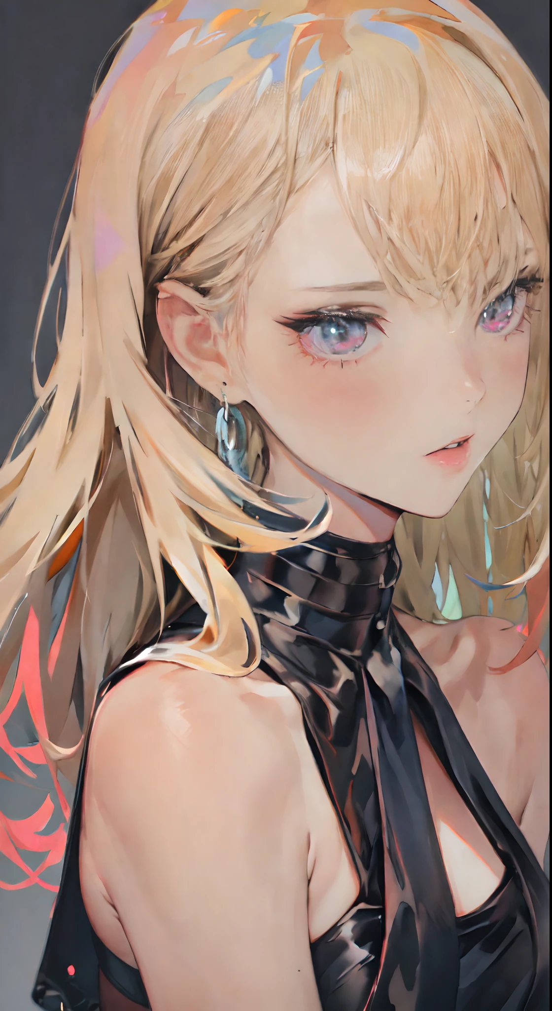 (best quality,highres,4k,masterpiece:1.2),solo,woman,20 years old,Kitagawa Marin(blond hair,long hair,beautiful detailed eyes,beautiful detailed lips,fit body,fashionable,makeup,black dress,high heels),portrait,studio lighting,vivid colors,sharp focus