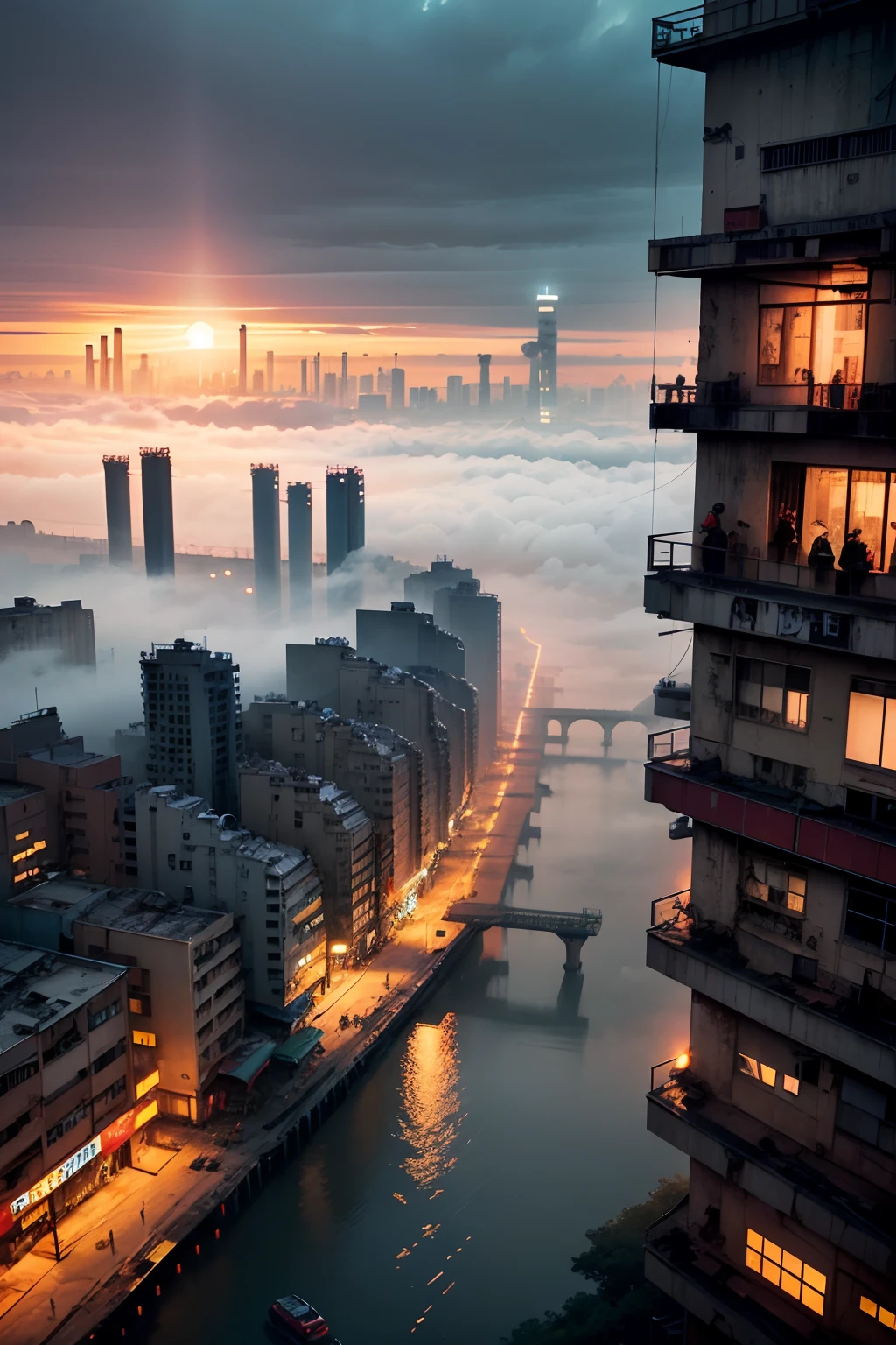 mega_city, night_view, neon, top quality, ultra high definition, cyberpunk:1,8, fog, rain, complex_buildings:1.5, aerial view, industrial, factories, smokestacks:1.2, irregular_city_layout, haze, dystopian, decaying_infrastructure, elevated_monorails, Kowloon_walled_city:1.5