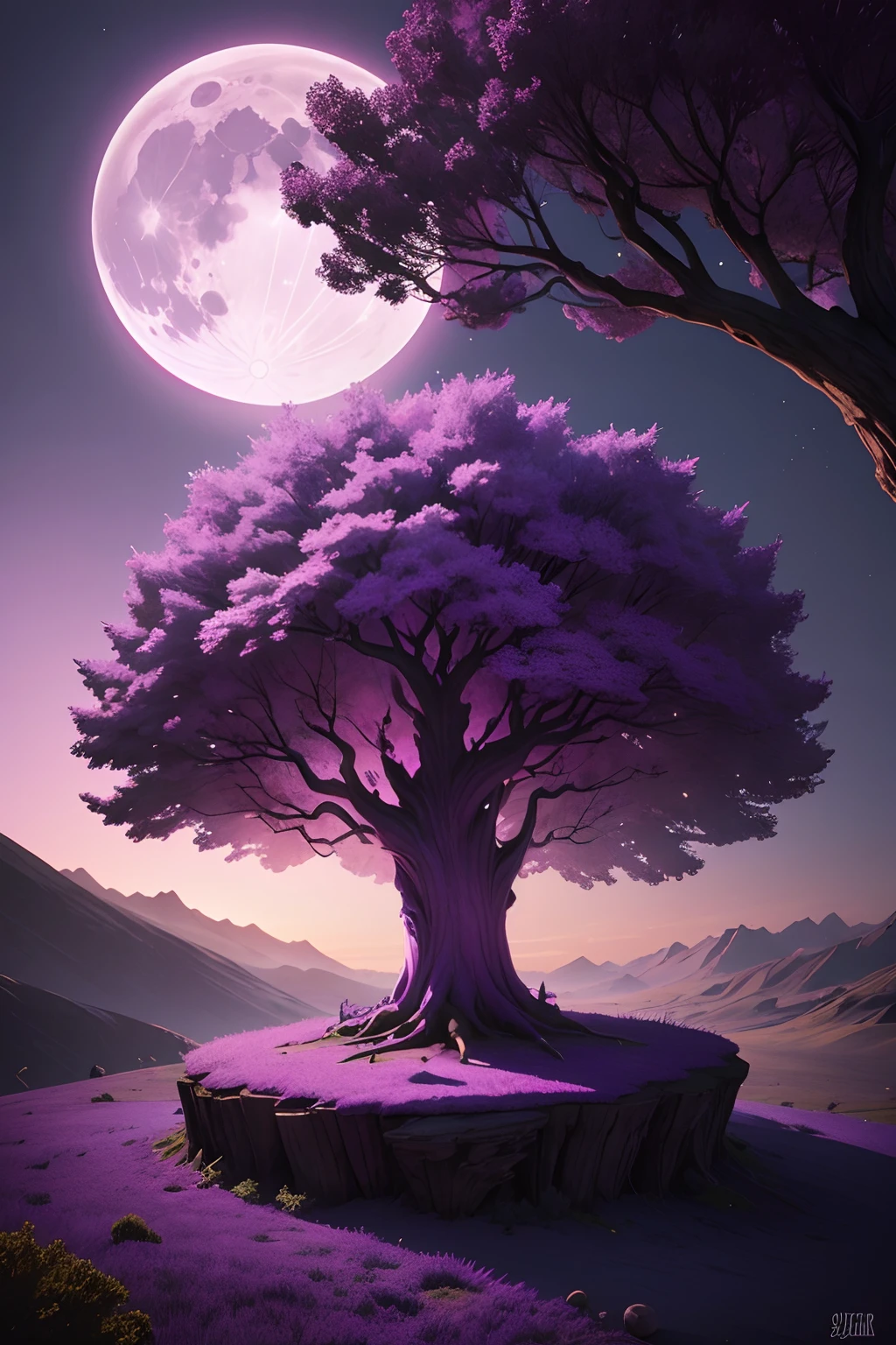 could you generate a magical purple/pink landscape with a moon resting on a tree?